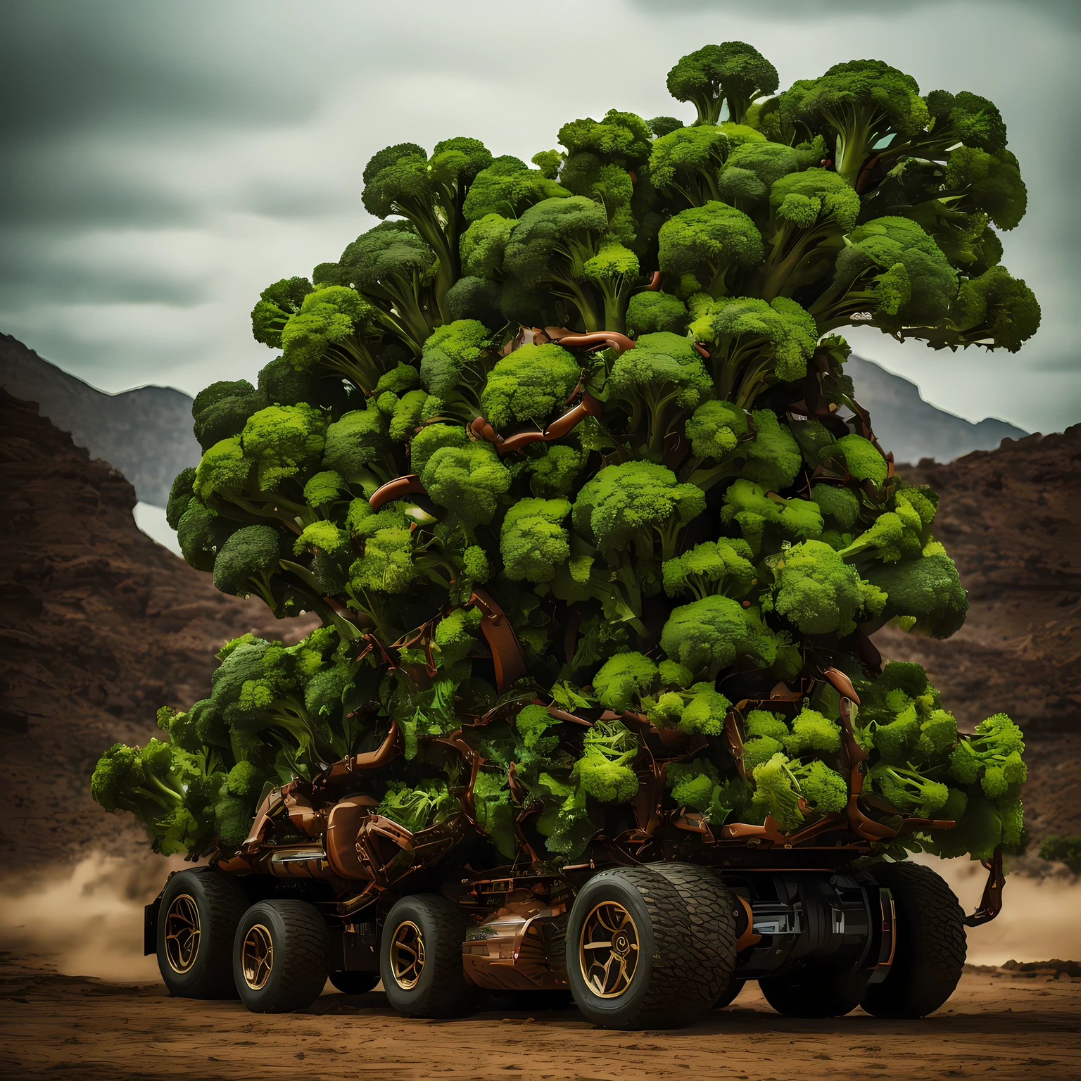 a photo of a weird wet desert machine made of flesh and fueled by bits of broccoli and leafy greens, cinematic, photo, portrait photography, vibrant