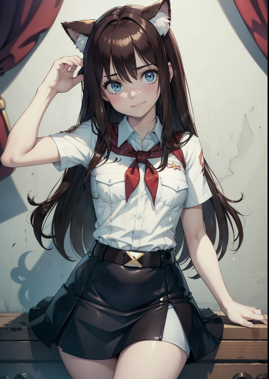 very young slim fit girl, full height, rounded face, (very long disheveled dark brown hair:1.5), big brown eyes, shy smile, perfect flat breast, band on head with fake cat ears, sashagrey, pioneer neckerchief, short tight blue pleated skirt, bangs, tight white shirt, short sleeves, collared shirt, belt, red neckerchief, breast pocket, white wall, a strand between the eyes, parororo, artoria pendragon \(fate\)