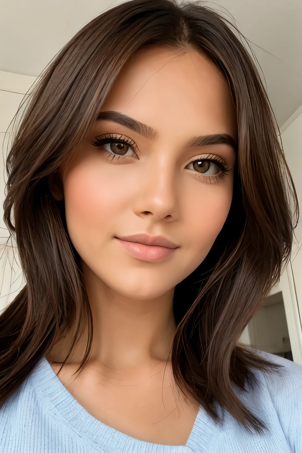 brown eyes, brown hair, beautiful lips, beautiful realistic woman, centered face, unique face, portrait picture like in passport, highly detailed, high budget camera quality, gorgeous