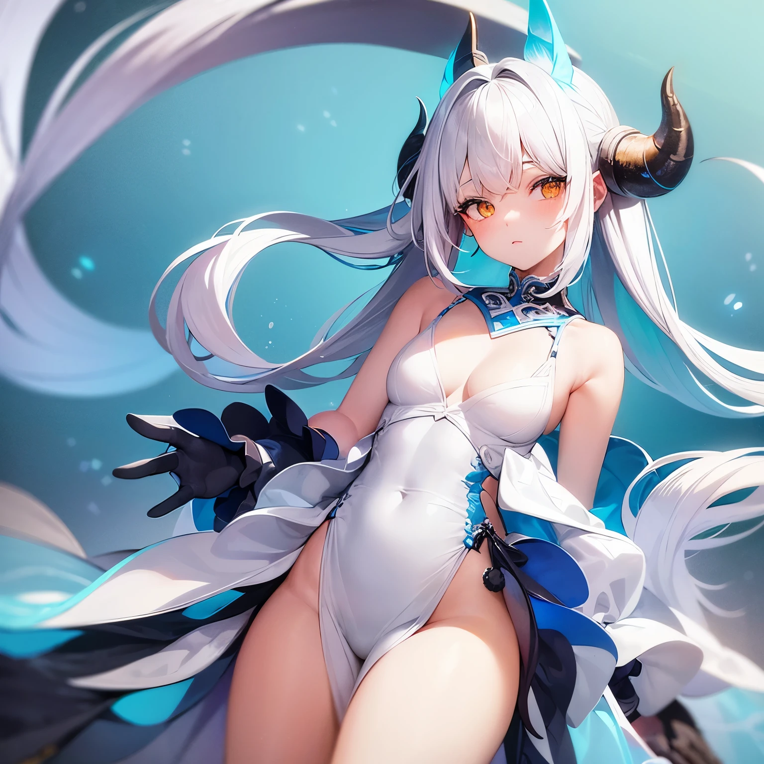 . White hair with light blue tips. Blue horns that look like coral. Fair skin. Orange eyes. Multi colored tail thats made of coral. Revealing white split thigh dress