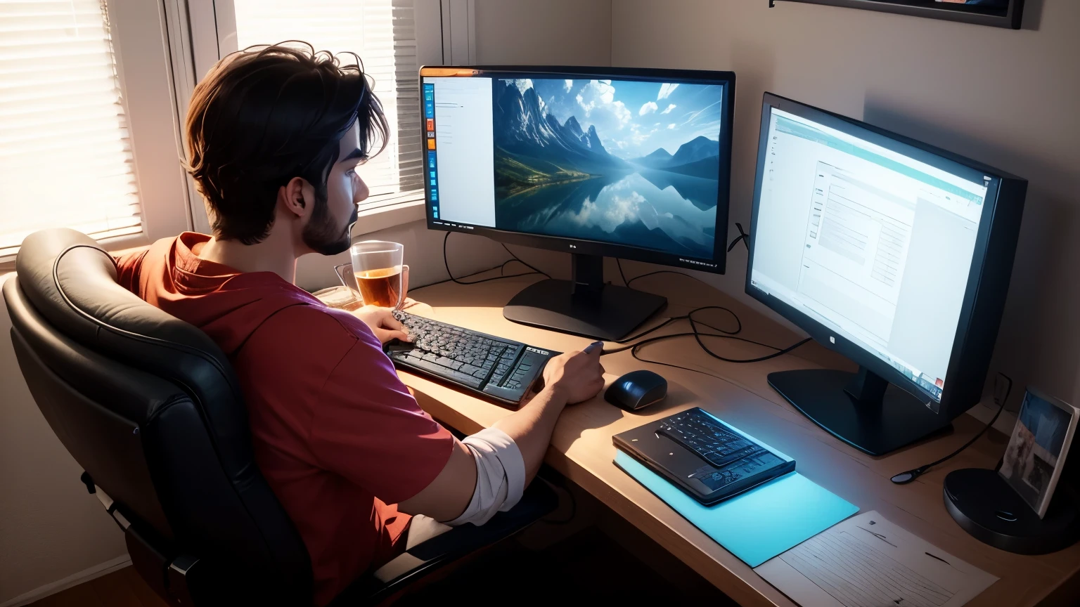 designer making design on pc, gaming setup, night, backview
