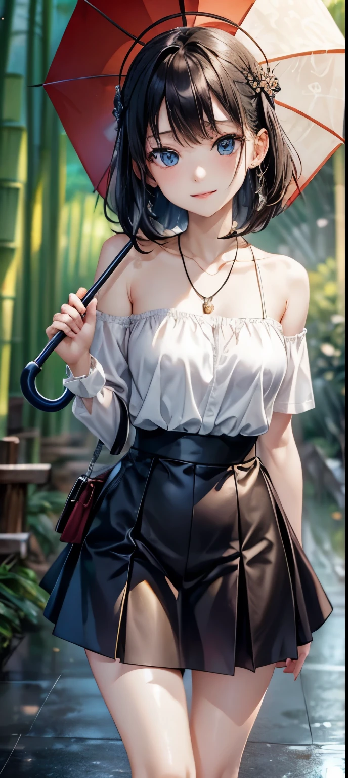 masterpiece、((focus on the face))、(full body shot、Full body photo including face)、((Symmetrical facial features))、Eyes of minute description、Beautiful woman、outstanding style、slender body、(small ass、thin thighs）、（smiling shyly、Watery eye）、peplum。enamel long skirt、pantyhose、(high heels、anklets of the same color）、Photo showing the whole body、one handbag in one hand、head to toe photo、Detailed depiction of faces、small earrings、necklace、((It&#39;s raining at night、The footpath of Bamboo Forest Park is lit up))、high angle、The subject is far away、shallow depth of field、wide angle focal length、silver blonde、long straight shiny hair、（stop and take care of）、holding an umbrella