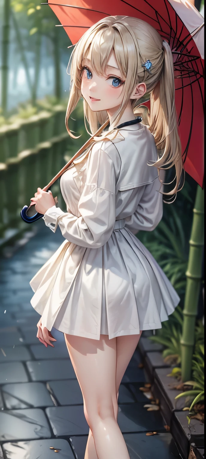 masterpiece、((focus on the face))、(full body shot、Full body photo including face)、((Symmetrical facial features))、Eyes of minute description、Beautiful woman、outstanding style、slender body、(small ass、thin thighs）、（smiling shyly、Watery eye）、peplum。enamel long skirt、pantyhose、(high heels、anklets of the same color）、Photo showing the whole body、one handbag in one hand、head to toe photo、Detailed depiction of faces、small earrings、necklace、((It&#39;s raining at night、The footpath of Bamboo Forest Park is lit up))、high angle、The subject is far away、shallow depth of field、wide angle focal length、silver blonde、long straight shiny hair、（stop and take care of）、holding an umbrella