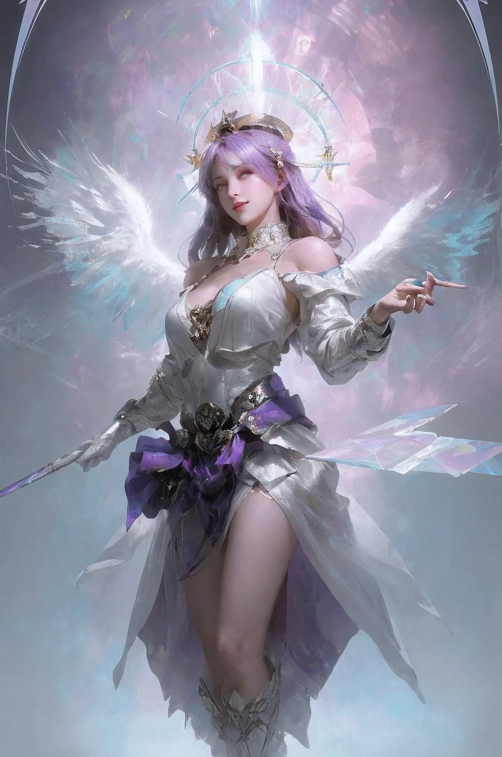 A woman, Pretty Face, White|purple, Mecha full equipment, Lace trim gown,(ongoing), (Neckline), (A pair of bigger wings), transparent, High Legs, permanent, Perfect body, Model pose