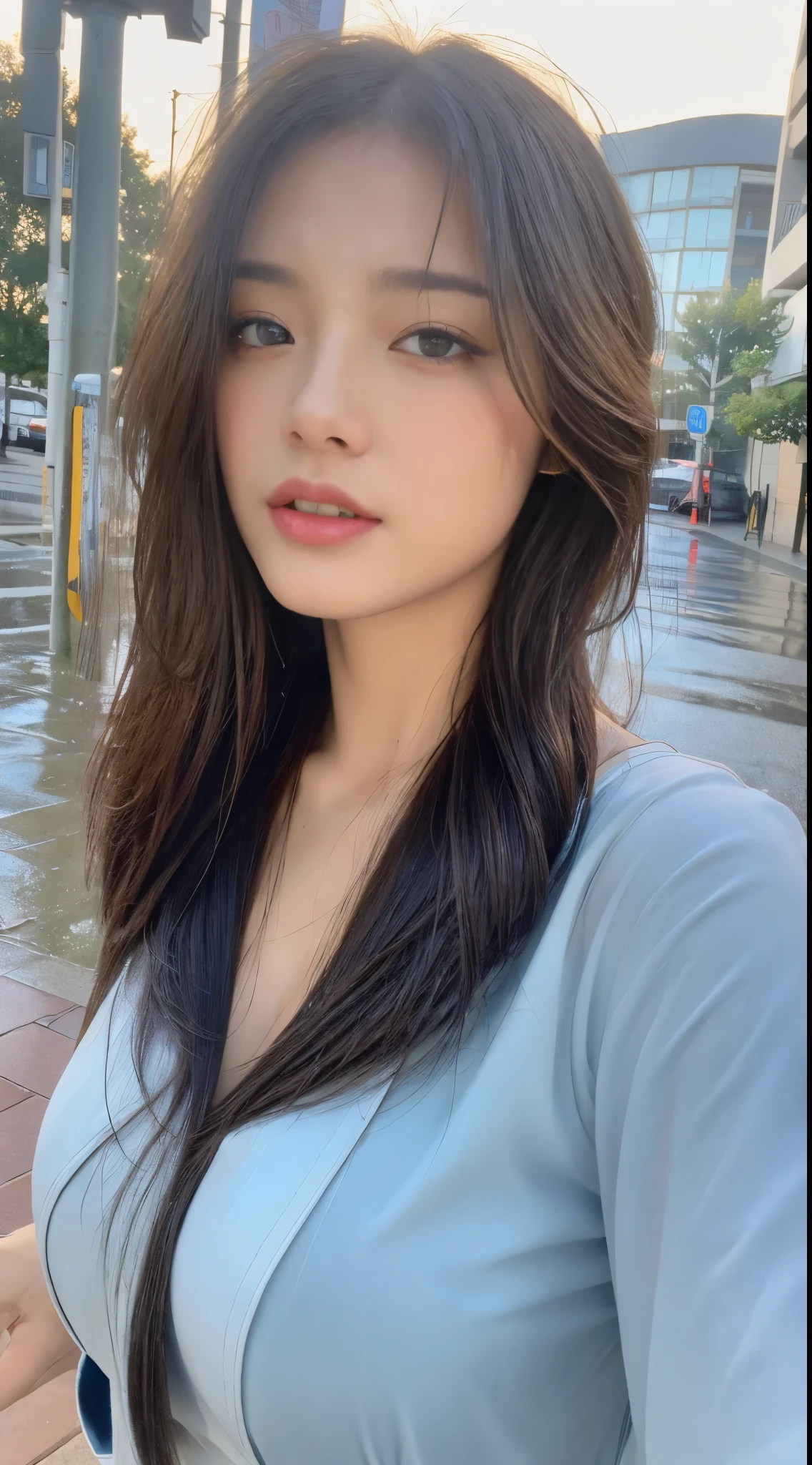 ((best quality, 8k, masterpiece:1.3)), focus: 1.2, perfect body beauty: 1.4, buttocks: 1.2, ((layered hairstyle, : 1.2)), (wet clothes: 1.1) , (rain, street:1.3), tube top dress: 1.1, Highly detailed face and skin textures, exquisite eyes, double eyelids, skin whitening, long hair