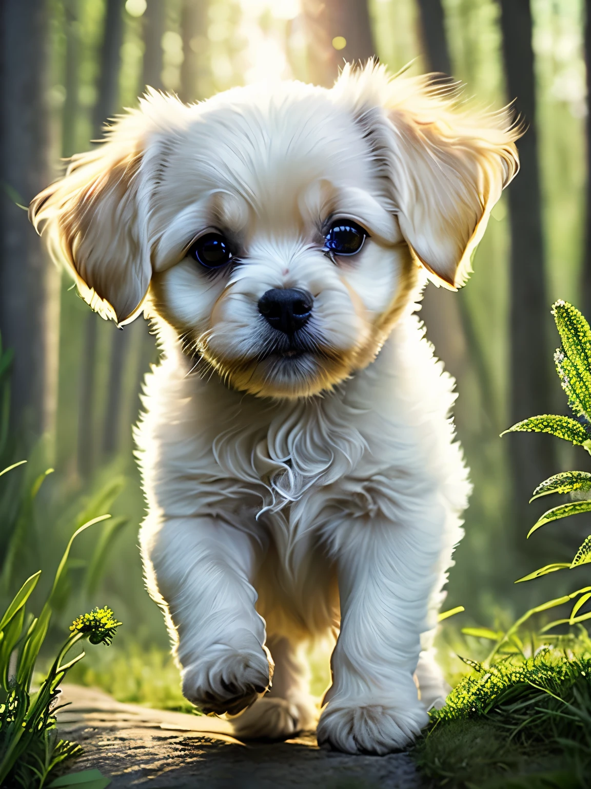 Close-up of a very cute jumping bichon puppy in the forest, soft volumetric light, (backlight: 1.3), (movie: 1.2), intricate details, (ArtStation: 1.3), Rutkowski,The image could include a happy and healthy pet, surrounded by natural elements like plants or herbs. The pet could be portrayed in a playful or relaxed manner, illustrating the idea of a happier life. Additionally, the image could include symbols or icons representing natural supplements, such as herbs or vitamins, to emphasize their importance in pet care.