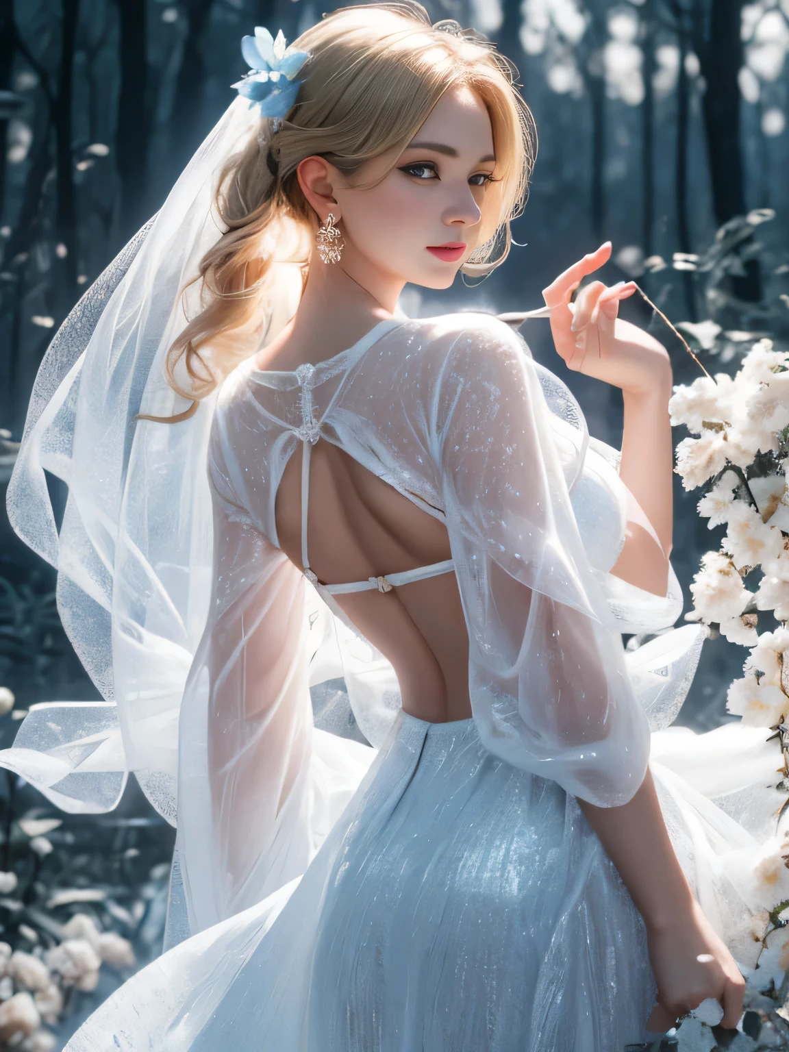 （8k extremely detailed CG unit wallpaper），（best qualtiy），（Best Illustrations），（Best Shadow）， （detail： 1.4）， 。.。.。.。.3D， nffsw（High dynamic range）， light tracing， NVIDIA RTX， Hyper-Resolution， Sub-surface scattering， PBR Texture， Post-processing， Anisotropy Filtering， depthoffield， Maximum sharpness and acutance， Multilayer Texture， Albedo e mapas Speculares， Surface Coloring， Accurate simulation of light-material interactions， Perfectly proportioned， octane renderings， Two-tone illumination， Wide aperture ， Low ISO，White Balance，trichotomy，8K Raw，intricate-detail， delicate patterns， deep-shadows， ​masterpiece， Lifelike， Roughness， A hyper-realistic， photographed in a Canon EOS R5， 50mm Lens， F/2.8， Sharp Focus， Smoothing， Roughness， Real life， photorealistc， Cinematography， 8K UHD，in flower field，((medium shot)), Blue Flower Girl，1 girl，solo，European，Beautiful bride，lightsmile，Highly detailed blonde hair，maturefemale，Sky Blue Gossamer Veil，Sky blue gossamer cloak，Sky blue Gossamer coat，Sky blue gossamer skirt，Sky blue lace underwear，Sky Blue Lace，Sky Blue Gossamer Gloves，gargantilha，earrings，jewely，trinkets，Head dress，Hand ornaments，leg ornaments，high-heels，little breasts，small breasts，small boob，nice breasts，little breasts，Plump breasts，Expose your breasts，uncovered breasts，Narrow waist，Bare ass，ass large，Bare belly，Bare navel，Wet，Wet body，sweating body，Shiny skin，