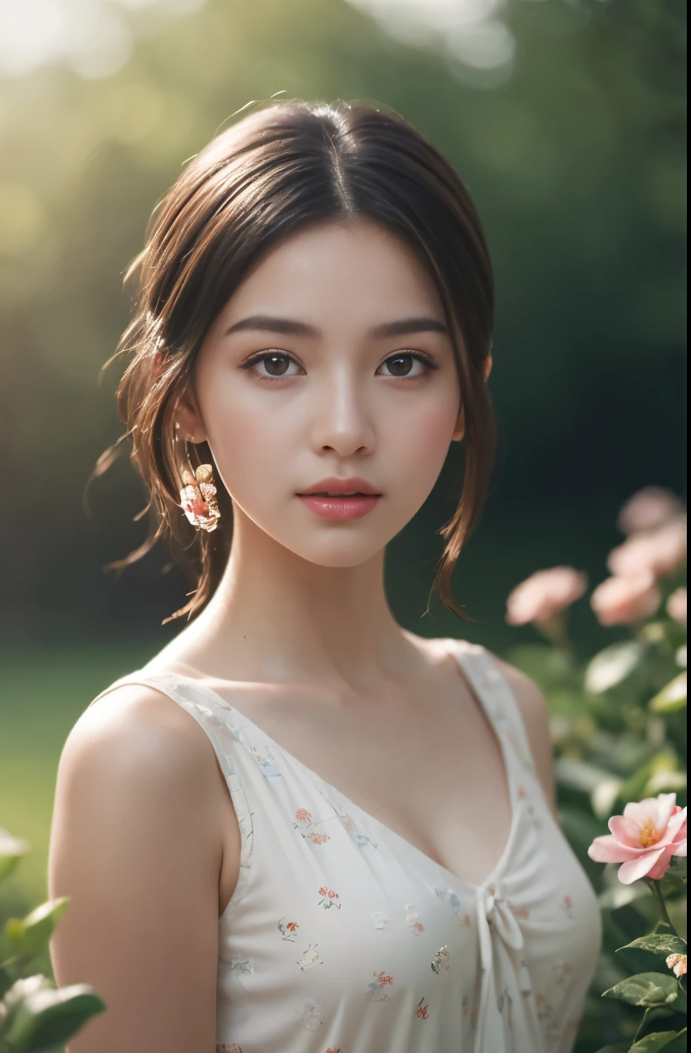 (Close-up of the painting style,Ultra HD 8K,Masterpiece grade CG wallpaper),Cinematic lighting,cute girly,Delicate and beautiful face,Dreamy pupils,Wearing a small floral short summerdresound waist,Bust poem,Sit,Cloudy background,the trees,florals,summer, magical