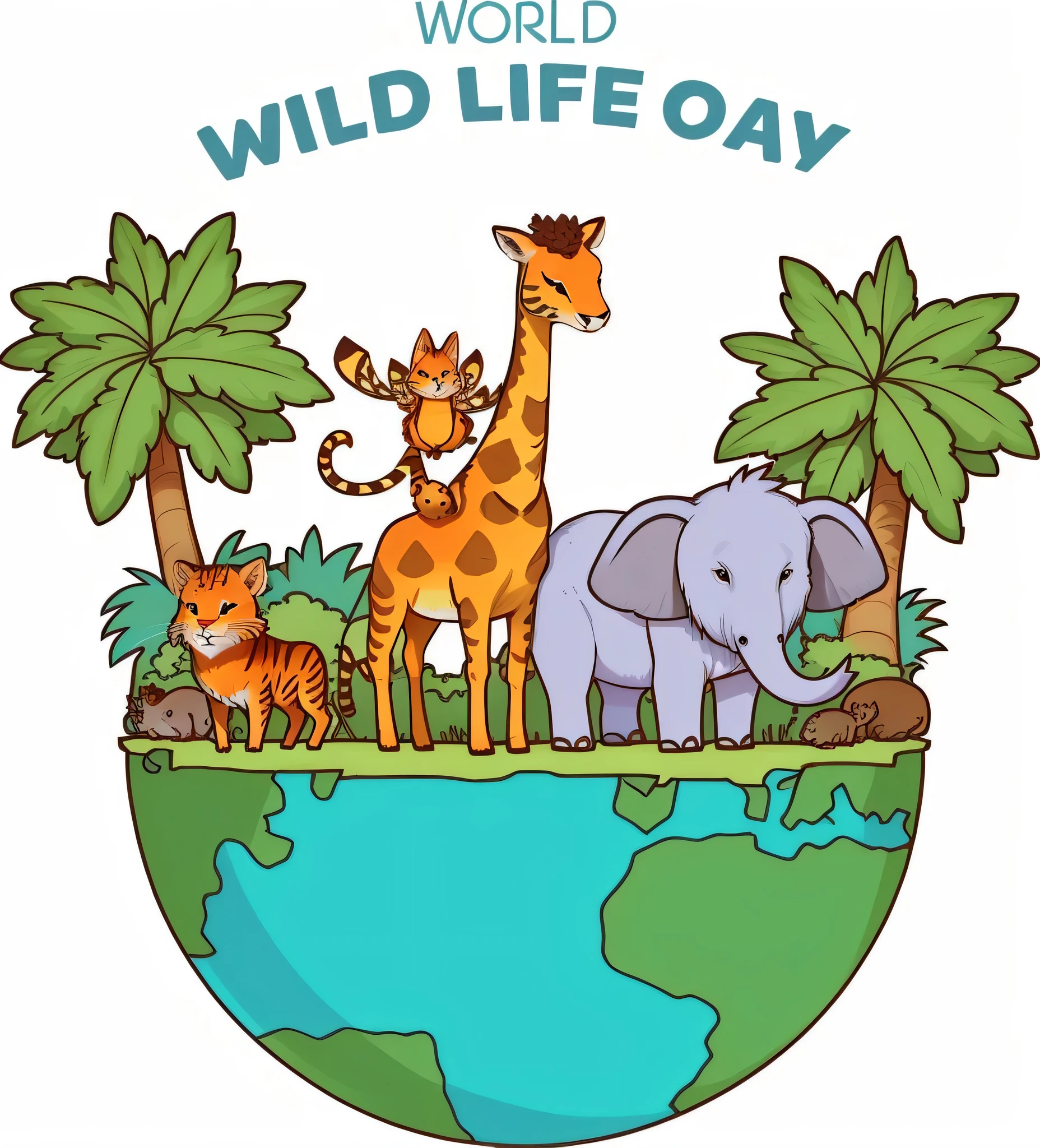 a cartoon of a group of animals standing on top of a globe, animals wildlife, wildlife illustration, wild animals, wildlife preservation, wildlife, animal world, wildlife drawing, many wild animals, animals ruling the world, filled with fauna, lush wildlife, white bg, zee day, 🤬 🤮 💕 🎀, wildlife documentary, highly detailed illustration.”, wild jungle