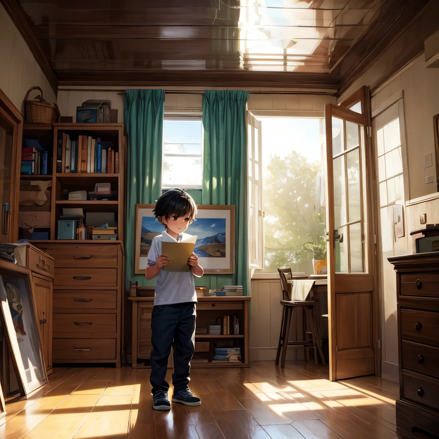 A cartoon boy in a room looking at a picture and a letter