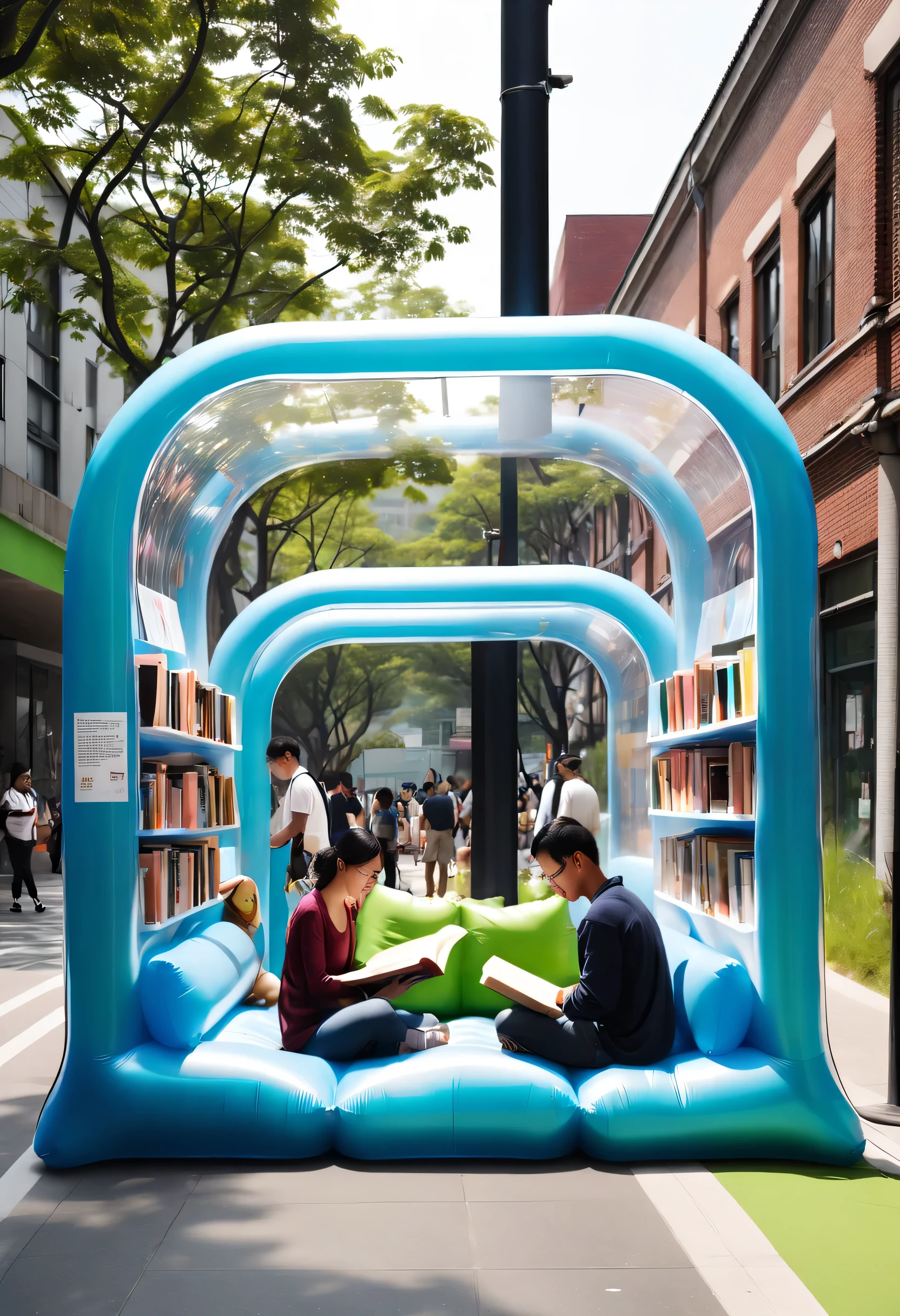 (Scene design),station,bus stop and bench double as cozy reading nook,Conceptualization of a street library,Promote urban culture,Develop a sense of community,and bring city residents together,Shared literary appreciation space。They are made of inflatable PVC,Easy to transport and install,At the same time, translucency further ensures that sufficient natural light penetrates the interior.,Create a warm atmosphere for readers。They also provide a platform for local artists and writers to showcase their work,Further enhance urban cultural vitality。
series envisions urban streetscapes planted with inflatable infrastructure,Doubles as a public library,Residents can take a break and read while exploring the city,Translucent inflatable PVC structure,Stack books,The project fosters a sense of community,Bringing people together to enjoy books through shared spaces