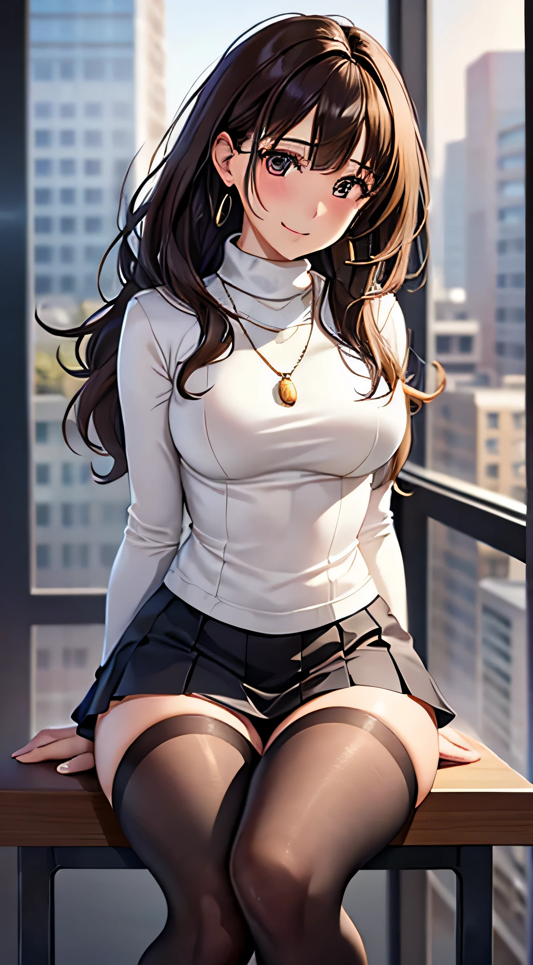 (table top, highest quality, High resolution, , perfect pixel, 4k,), 1 girl, single, alone, Beautiful woman、I could see the whole body、 ((wavy middle hair, bangs, brown hair)), ((brown eyes, beautiful eyelashes, realistic eyes)), ((detailed face, blush:1.2)), ((smooth texture:0.75, realistic texture:0.65, realistic:1.1, Anime CG style)), medium breasts, dynamic angle, perfect body, ((, female teacher, , earrings、necklace、white turtleneck sweater、beige flared skirt、black knee high stockings、open both legs wide、get down on one knee、shy smile)), upper grade、、、evening、sit at desk、Bring your arms together to emphasize your chest、(、Show lace panties、angle from below)、