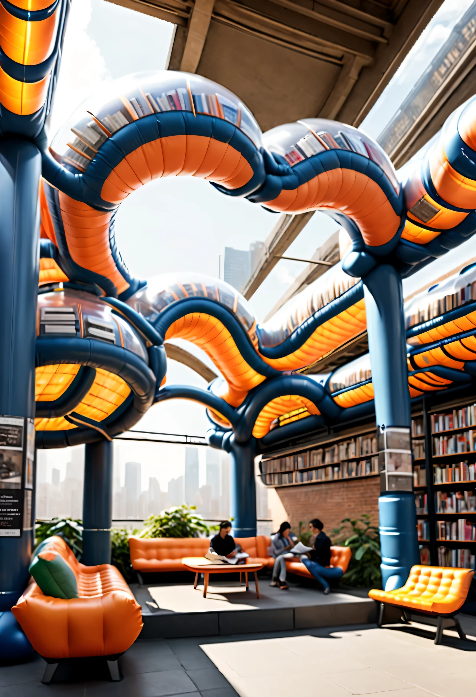 （Scene design），（station），公交station，bench doubles as cozy reading nook,将街头station图书馆概念化，Promote urban culture，Develop a sense of community，and bring city residents together，Shared literary appreciation space。They are made of inflatable PVC，Easy to transport and install，At the same time, translucency further ensures that sufficient natural light penetrates the interior.，Create a warm atmosphere for readers。They also provide a platform for local artists and writers to showcase their work，Further enhance urban cultural vitality。
series envisions urban streetscapes planted with inflatable infrastructure，Doubles as a public library,Residents can take a break and read while exploring the city,Translucent inflatable PVC structure，Stack books,The project fosters a sense of community，Bringing people together to enjoy books through shared spaces