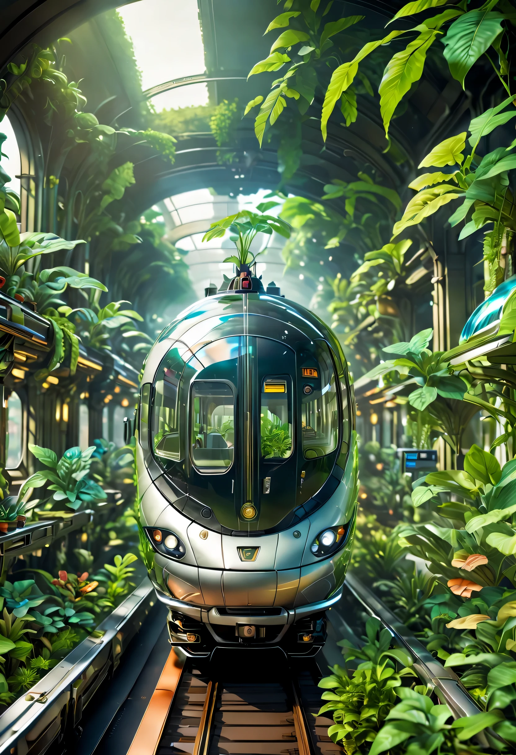 (best quality,4k,8k,high resolution,masterpiece:1.2),Spacious and impressive train station hall:1.37,sign,Train suspended in the air:1.37,side view of train,Cute transparent alien in the sky,transparent train,train full of plants,high-end,luxury,Neat and tidy,micro landscape,global illumination,path tracing,particle effect.