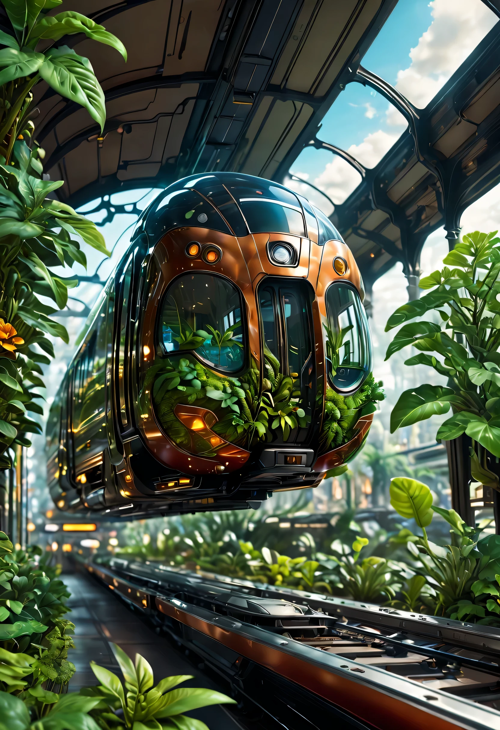 (best quality,4k,8k,high resolution,masterpiece:1.2),Spacious and impressive train station hall:1.37,sign,Train suspended in the air:1.37,side view of train,Cute transparent alien in the sky,transparent train,train full of plants,high-end,luxury,Neat and tidy,micro landscape,global illumination,path tracing,particle effect.