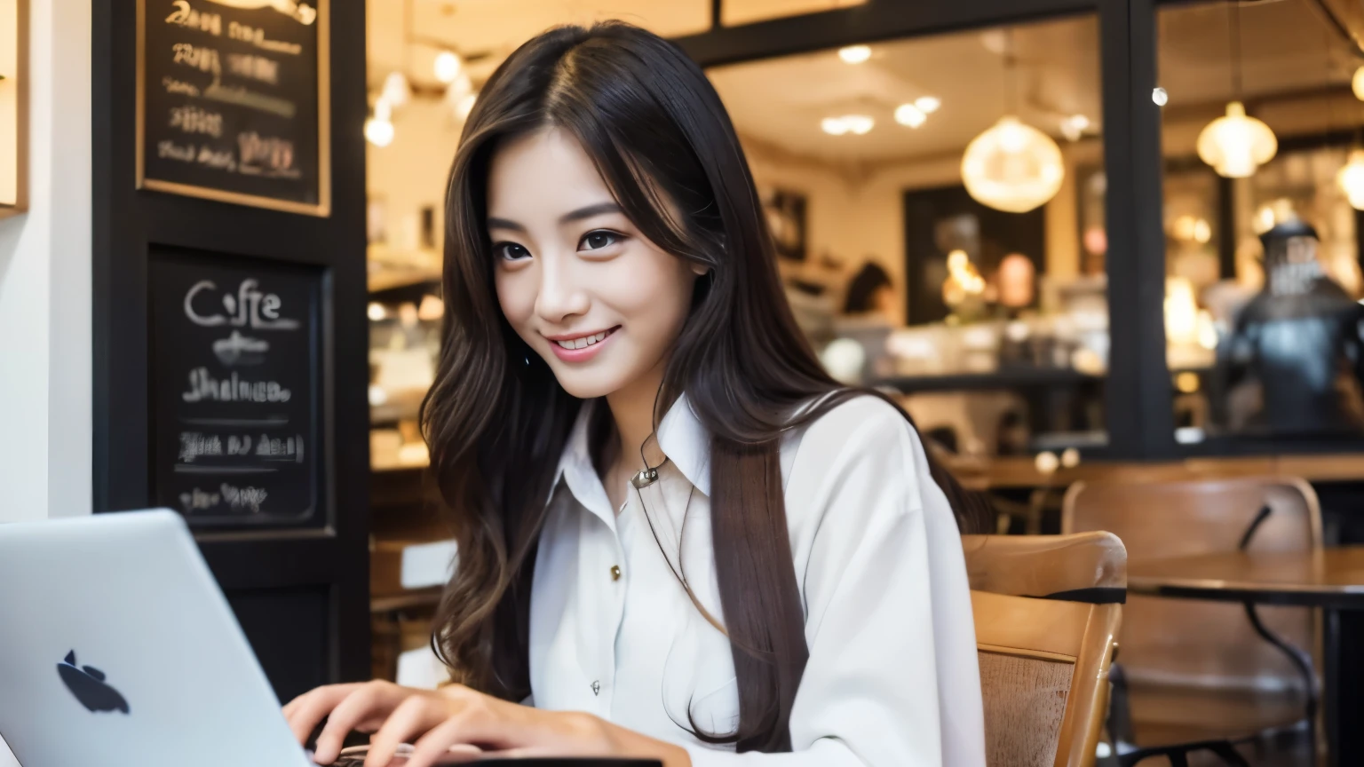 ((最high quality, 8k, masterpiece: 1.3)), perfect face,Inside a stylish cafe in New York、A scene where a beautiful woman like a model is drinking a latte and studying on a laptop.,everything around you, I see other customers enjoying themselves.。At the back of the cafe、Staff are busy working at the counter.、You can feel the vibrancy and stylish luxury of a city cafe.., sharp focus, 1 girl, sexy 1.2, , (big: 1.5), fine eyes, Beautiful eyes with slit length, double eyelid, (cat face), (cute Face), cute Smile, (close your mouth), (cute), soft skin, show the whole body, surreal, Super detailed, high quality, (Beautiful female college student studying in a cafe), ((詳細な非常にcute女子大生)), ((胸は隠れているけど服の上から解るぐらいbig胸)),Gaze at your boyfriend