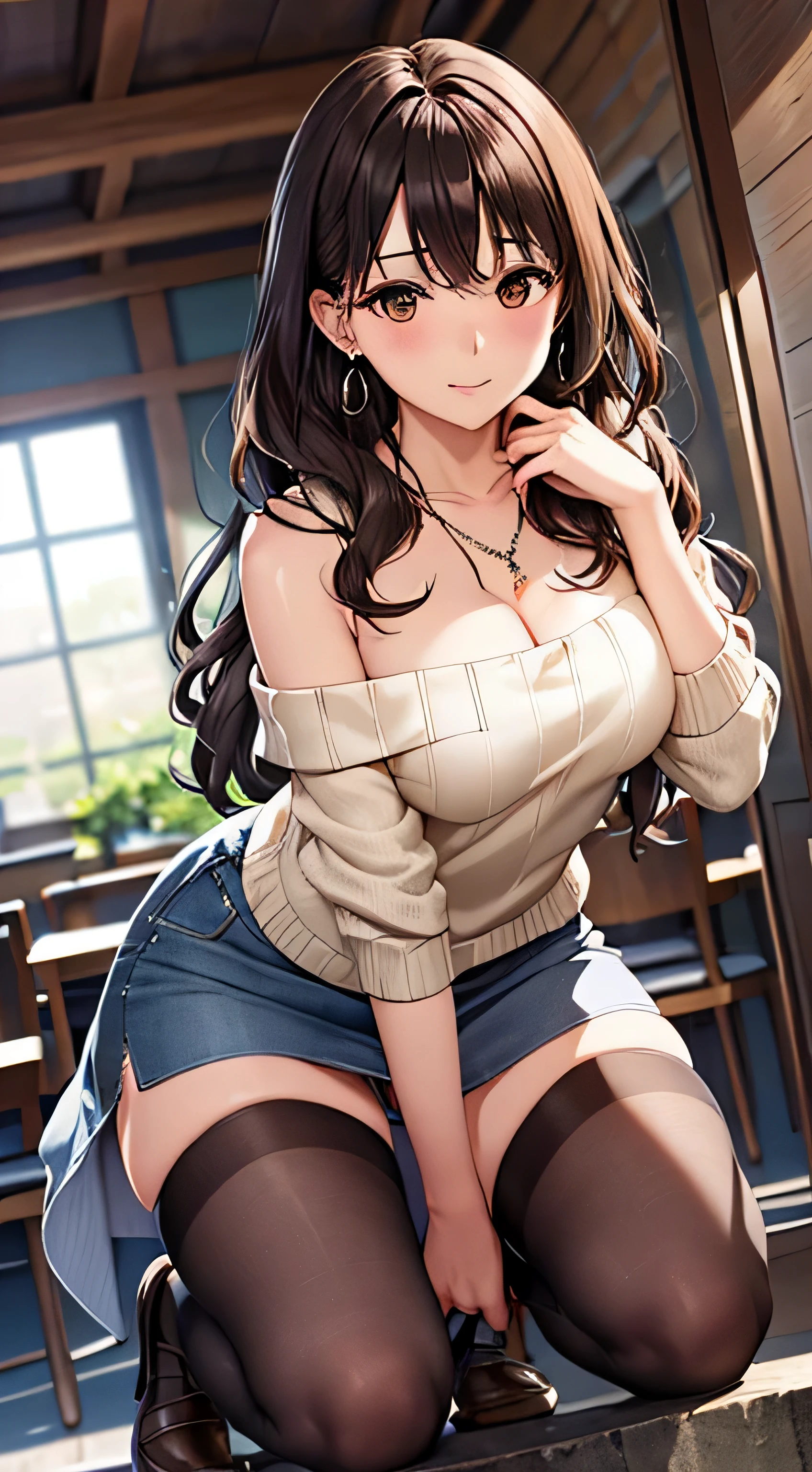 (table top, highest quality, High resolution, , perfect pixel, 4k,), 1 girl, single, alone, Beautiful woman、I could see the whole body、 ((wavy mid-length hair, bangs, brown hair)), ((brown eyes, beautiful eyelashes, realistic eyes)), ((detailed face, blush:1.2)), ((smooth texture:0.75, realistic texture:0.65, realistic:1.1, Anime CG style)), medium breasts, dynamic angle, perfect body, ((, female teacher, , earrings、necklace、Beige sleeveless turtleneck sweater、、black knee high stockings、((open both legs wide、open both knees、leaning forward、shy smile))、Tight denim skirt、shy smile、Sitting at the pulpit、emphasize the chest)), Upper grade、、、evening、、(You can see the blue and white lace panties、、(、)、angle from below)、