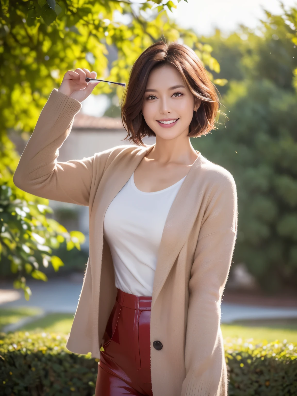 masterpiece,highest quality, (1 mature woman、38 years old), ((close:0.5)), glare, wool jacket,genuine leather pants、 white shirt, double eyelid, eyelash, lip gloss, (smile:1), ((close your eyes:0.85)), ((looking at the viewer、The whole body is reflected、Are standing)), to be born, (From above:0.2), ((no one)), (office)、Depth of written boundary、尖ったred mouth、(reddish brown wet shiny short hair,,,,,,,,,),red mouth,clavicle、full body portrait、digital illustration, (Photoreal:1.3),(RAW photo),(woman standing in front of an old castle, Beautiful lawn, squirt, Bright sunshine in the city of Modena, Italy) , 8k, Super detailed, highest quality, rough skin, anatomically correct, masterpiece , highest quality, cinematic lighting, Use perspective throughout , surrealism , ,(realistic:1. 3),(RAW photo) , black hair, light smile, short hair, bob cut, anaglyph, stereogram, (mature woman:1), (38 years old), ((close:0.5)), glare, double eyelids, lip gloss, (smile:1), ((eyes closed:0.85)), red mouth, clavicle, ((looking at the viewer)), (short hair of reddish-brown color wet and shiny,), (I can see the whole body) , Slightly thick body type , wide eyed , perfectly round eyes , fine texture
