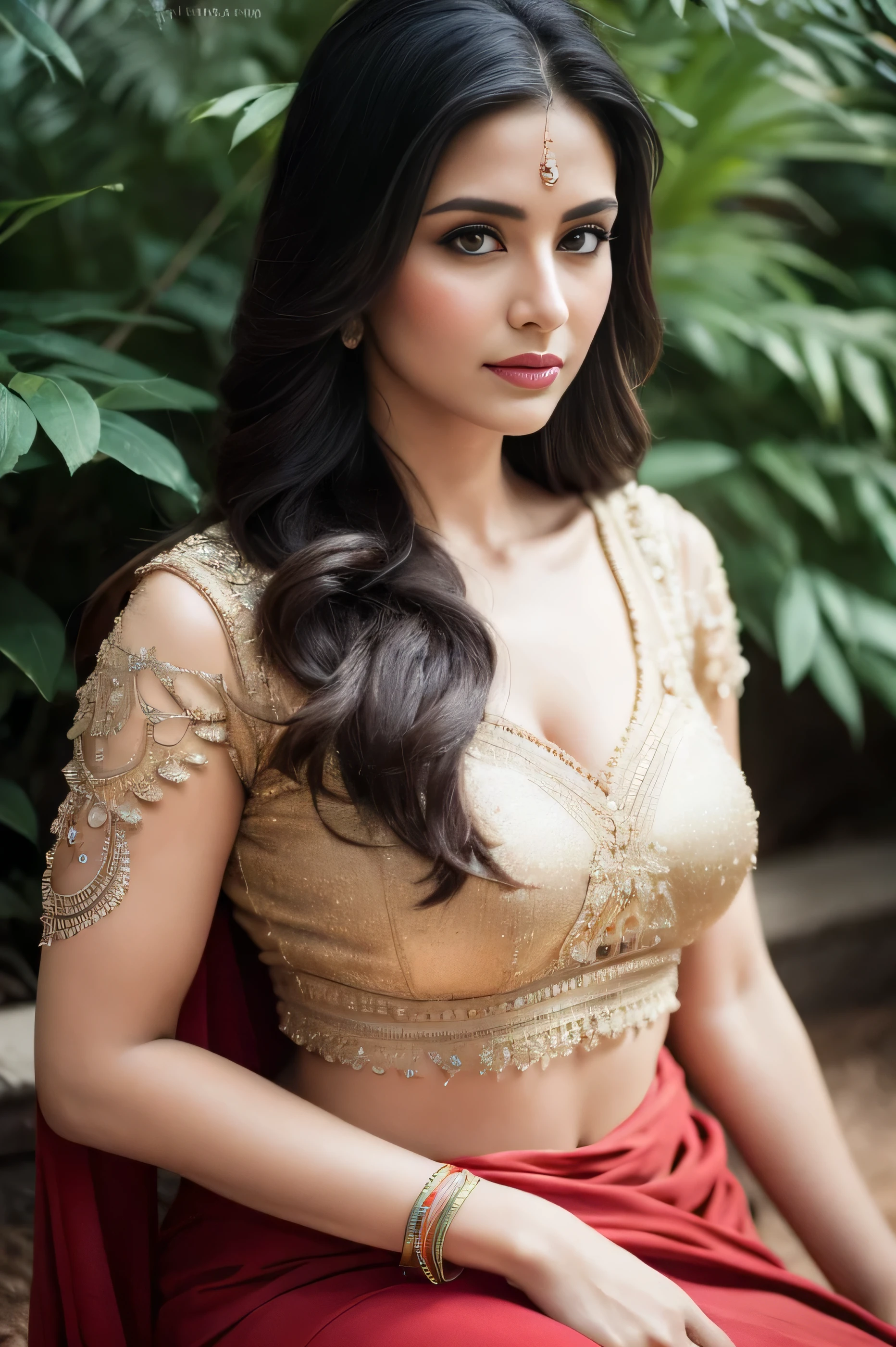 Portrait of A confident-looking indian princess from kamasutra with long flowing hair, hazel eyes, without flowing capes, Cleopatra fabric with laces, c-cup breasts, sitting in grass, water background, bokeh, perfect composition, hyperrealistic, super detailed, 8k, high quality, trending art, trending on artstation, sharp focus, nude studio photo, intricate details, highly detailed, art by greg rutkowski
