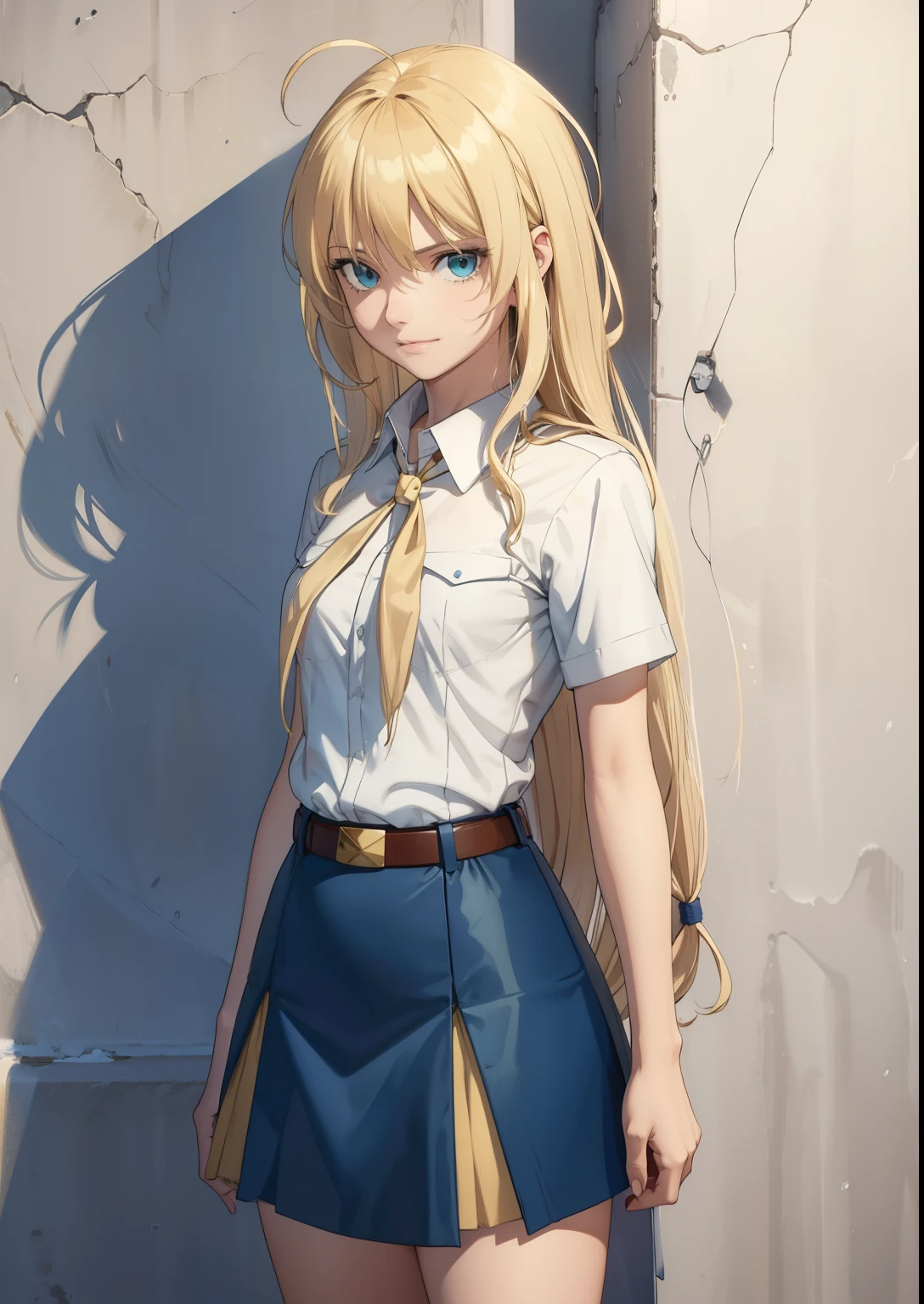 very young slim fit girl, full height, (very long disheveled blonde hair:1.5), big blue eyes, shy smile, perfect flat breast, pioneer neckerchief, short tight blue pleated skirt, bangs, tight white shirt, short sleeves, collared shirt, belt, red neckerchief, breast pocket, white wall, artoria pendragon \(fate\)
