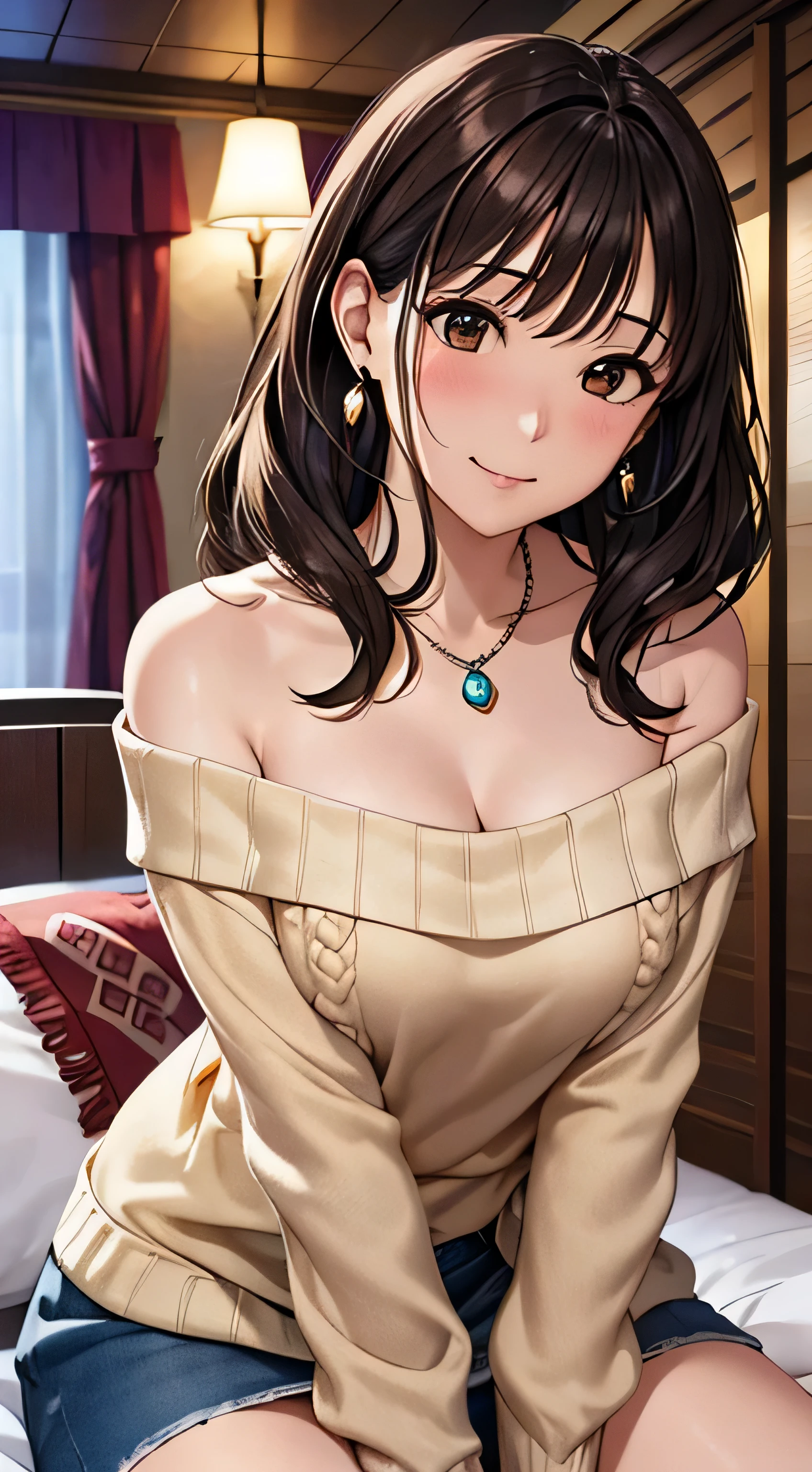 (table top, highest quality, High resolution, , perfect pixel, 4k,), 1 girl, single, alone, Beautiful woman、I could see the whole body、 ((wavy middle hair, bangs, brown hair)), ((brown eyes, beautiful eyelashes, realistic eyes)), ((detailed face, blush:1.2)), ((smooth texture:0.75, realistic texture:0.65, realistic:1.1, Anime CG style)), medium breasts, dynamic angle, perfect body, ((, beige off shoulder sweater、tight denim skirt、black stockings、cute necklace、earrings、Sit on the bed with your legs wide apart、get down on one knee、you can see her white lace panties、, ))、upper grade、shy smile、Bedroom in a luxury hotel with a night view、angle from below、Bring your arms together to emphasize your chest、