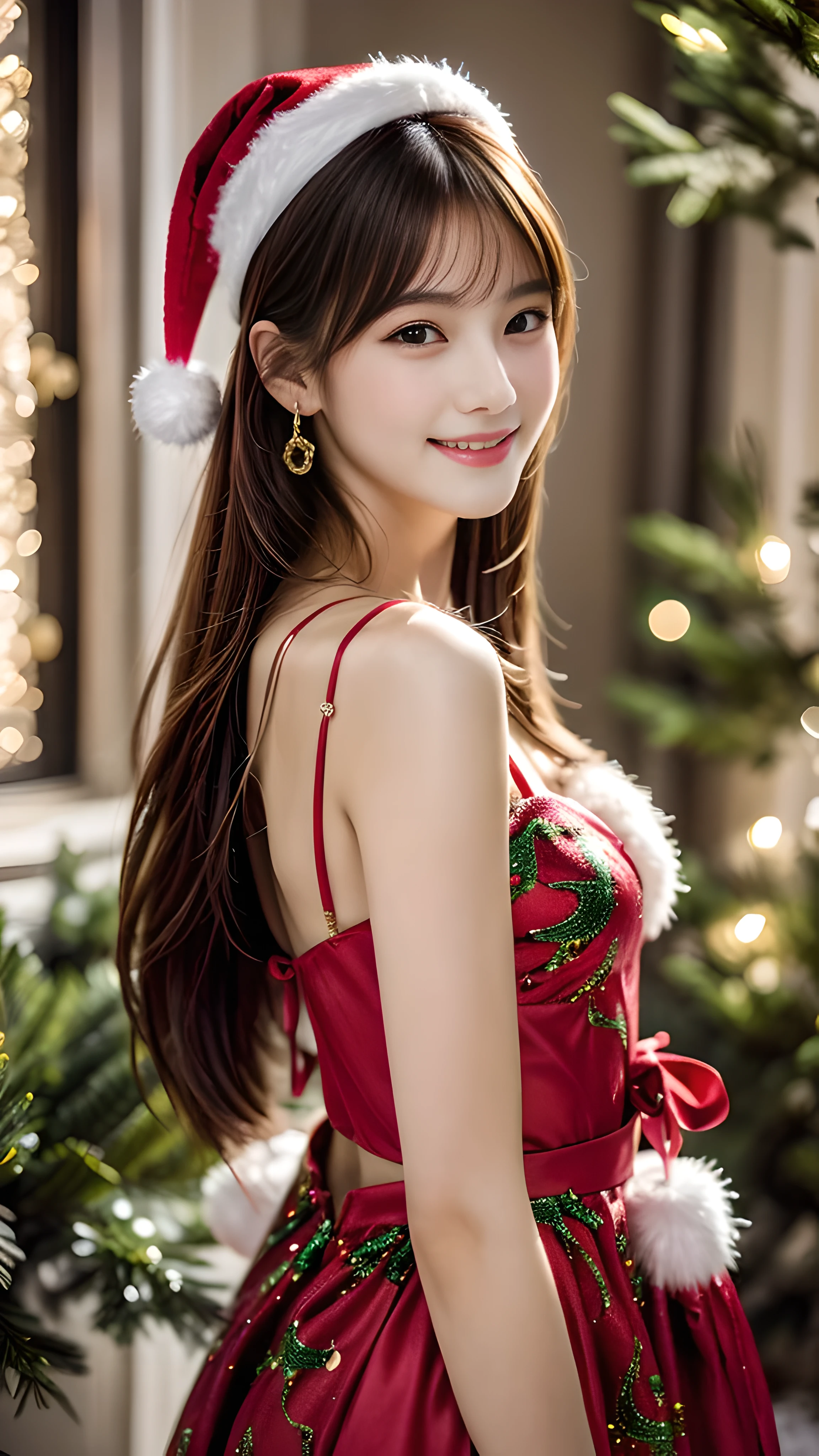 (masterpiece:1.3), (8k), (highest quality:1.4), (Hmm:1.2), (realistic:1.3),( RAW photo), (1 girl), (ultra high resolution), (detailed face), so perfect beautiful and cute face, (thin hair), beautiful hair, bangs, (symmetrical eyes:1.3), (fine eyes), (fine skin), realistic skin, shiny skin, ultra high resolution, (medium breasts:0.7), (slim body shape), (super model figures), gentle smile:1.2, (A very beautiful and cute young Japanese girl with a gentle expression),
(She is wearing a complex costume with high fashion Christmas colors.:1.5, sexy party dress, Inspired by Versace:1.3),
Christmas tree, In the illuminated party room, (cowboy_shot)