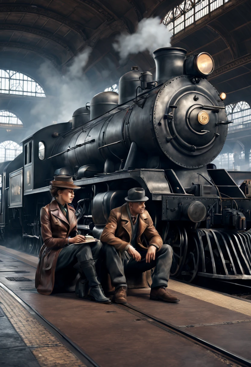 Station Sales Department.Two children playing on the floor of the platform, dieselpunk train station, Steam engine matte spray paint, realistic concept art, Highly detailed matte, Realistic matte, Ultra-realistic matte, Highly realistic concept art, Luxurious matte spray paint, Inspired by Rudy Sisvanto, Realistic Disney, Magical realistic matte painting, 3D rendering matte