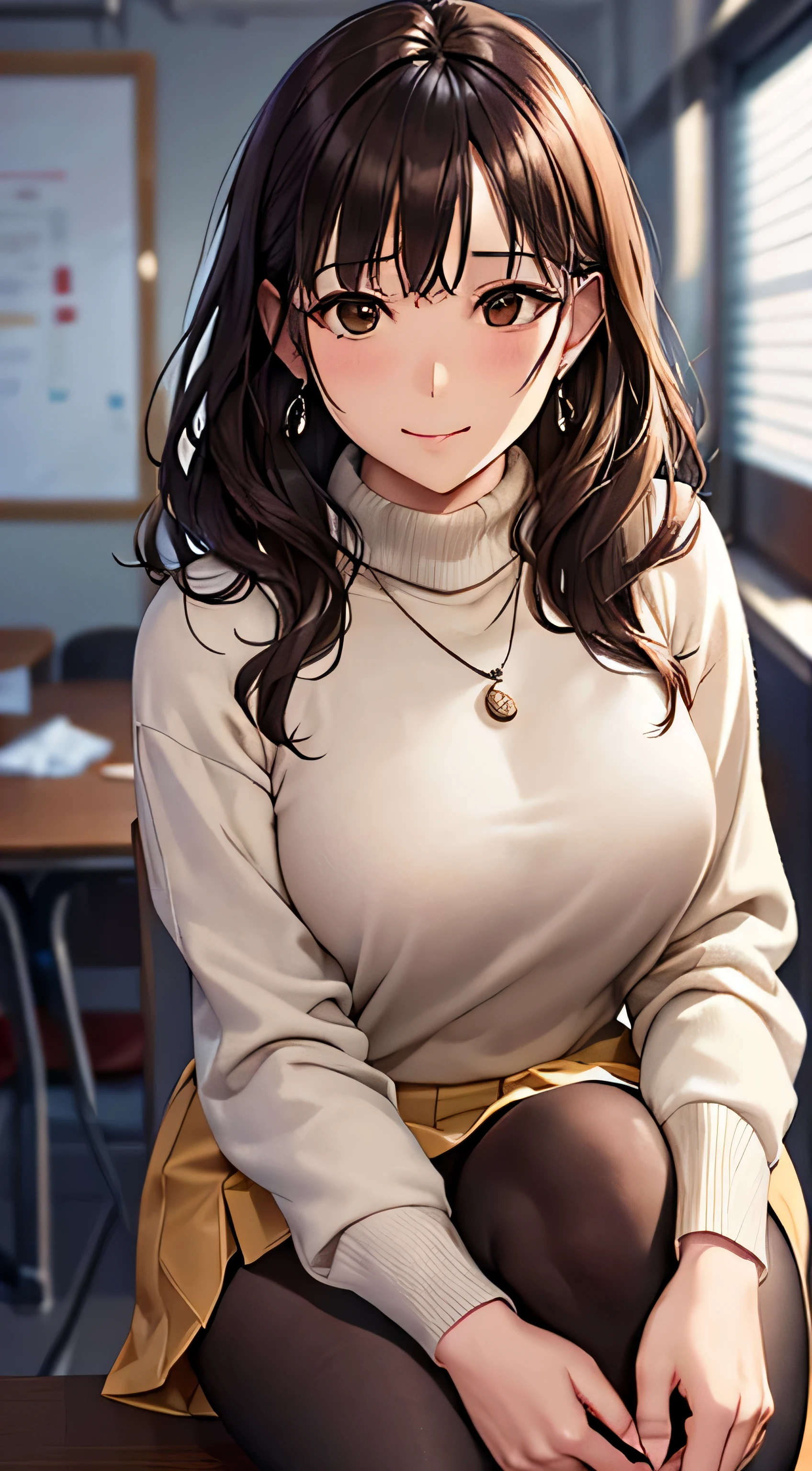 (table top, highest quality, High resolution, , perfect pixel, 4k,), 1 girl, single, alone, Beautiful woman、I could see the whole body、 ((wavy middle hair, bangs, brown hair)), ((brown eyes, beautiful eyelashes, realistic eyes)), ((detailed face, blush:1.2)), ((smooth texture:0.75, realistic texture:0.65, realistic:1.1, Anime CG style)), medium breasts, dynamic angle, perfect body, ((, female teacher, , earrings、necklace、white turtleneck sweater、beige flared skirt、black knee high stockings、open both legs wide、get down on one knee、shy smile)), upper grade、、、evening、classroom、sit at desk、Bring your arms together to emphasize your chest、(、()、angle from below)、