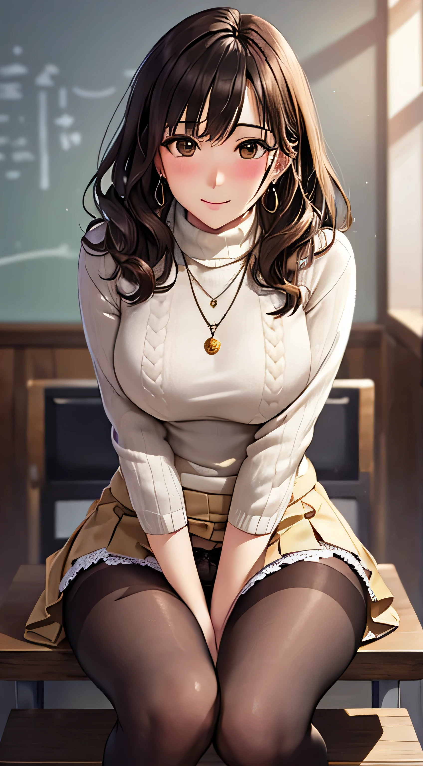 (table top, highest quality, High resolution, , perfect pixel, 4k,), 1 girl, single, alone, Beautiful woman、I could see the whole body、 ((wavy middle hair, bangs, brown hair)), ((brown eyes, beautiful eyelashes, realistic eyes)), ((detailed face, blush:1.2)), ((smooth texture:0.75, realistic texture:0.65, realistic:1.1, Anime CG style)), medium breasts, dynamic angle, perfect body, ((, female teacher, , earrings、necklace、white turtleneck sweater、beige flared skirt、black knee high stockings、open both legs wide、get down on one knee、shy smile)), upper grade、、、evening、sit at desk、Bring your arms together to emphasize your chest、(、Show lace panties、angle from below)、