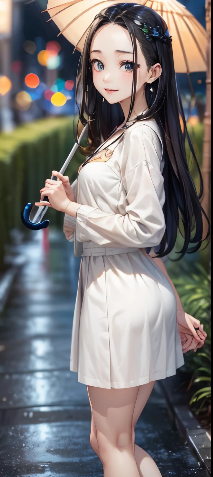 masterpiece、((focus on the face))、(full body shot、Full body photo including face)、((Symmetrical facial features))、Eyes of minute description、Beautiful woman、outstanding style、slender body、(small ass、thin thighs)、(smiling shyly、Watery eye)、shirt、long skirt、pantyhose、(high heels、anklets of the same color)、Photo showing the whole body、one handbag in one hand、head to toe photo、Detailed depiction of faces、small earrings、necklace、((night、it's raining、The footpath of Bamboo Forest Park is lit up))、super low angle、The subject is far away、shallow depth of field、wide angle focal length、Blue-silver hair color、Lustrous hair、Her bangs are swept to the side and her forehead is visible.、holding an umbrella