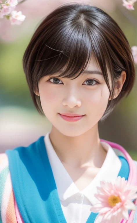 Cute Japanese woman with a short cut walking in the park feeling the flower petals in the spring breeze、confetti、Photoreal、detailed and beautiful eyes、hyper realism、high contrast、ultra hd、realistic skin texture、best image quality、highest quality、超A high resolution、small details、very politely