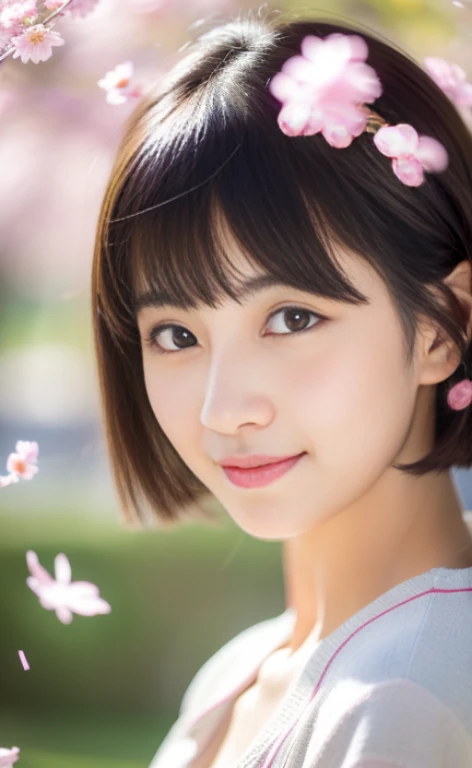 Cute Japanese woman with a short cut walking in the park feeling the flower petals in the spring breeze、confetti、Photoreal、detailed and beautiful eyes、hyper realism、high contrast、ultra hd、realistic skin texture、best image quality、highest quality、超A high resolution、small details、very politely