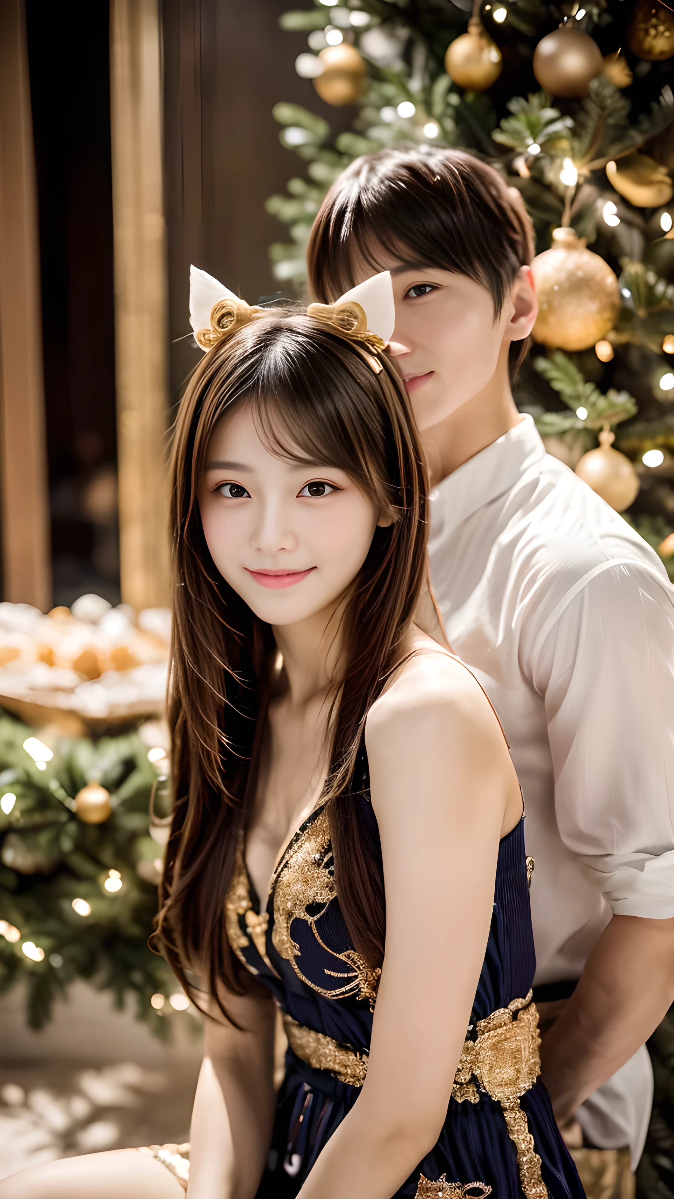 (masterpiece:1.3), (8k), (highest quality:1.4), (Hmm:1.2), (realistic:1.3),( RAW photo), (1 girl), (ultra high resolution), (detailed face), so perfect beautiful and cute face, (thin hair), beautiful hair, bangs, (symmetrical eyes:1.3), (fine eyes), (fine skin), realistic skin, shiny skin, ultra high resolution, (medium breasts:0.7), (slim body shape), (super model figures), gentle smile:1.2, (A very beautiful and cute young Japanese girl with a gentle expression),
(Wearing random styles of clothing that incorporate high fashion trends:1.5, sexy party dress, Inspired by Versace:1.3),
Christmas tree, In the illuminated party room, (cowboy_shot)