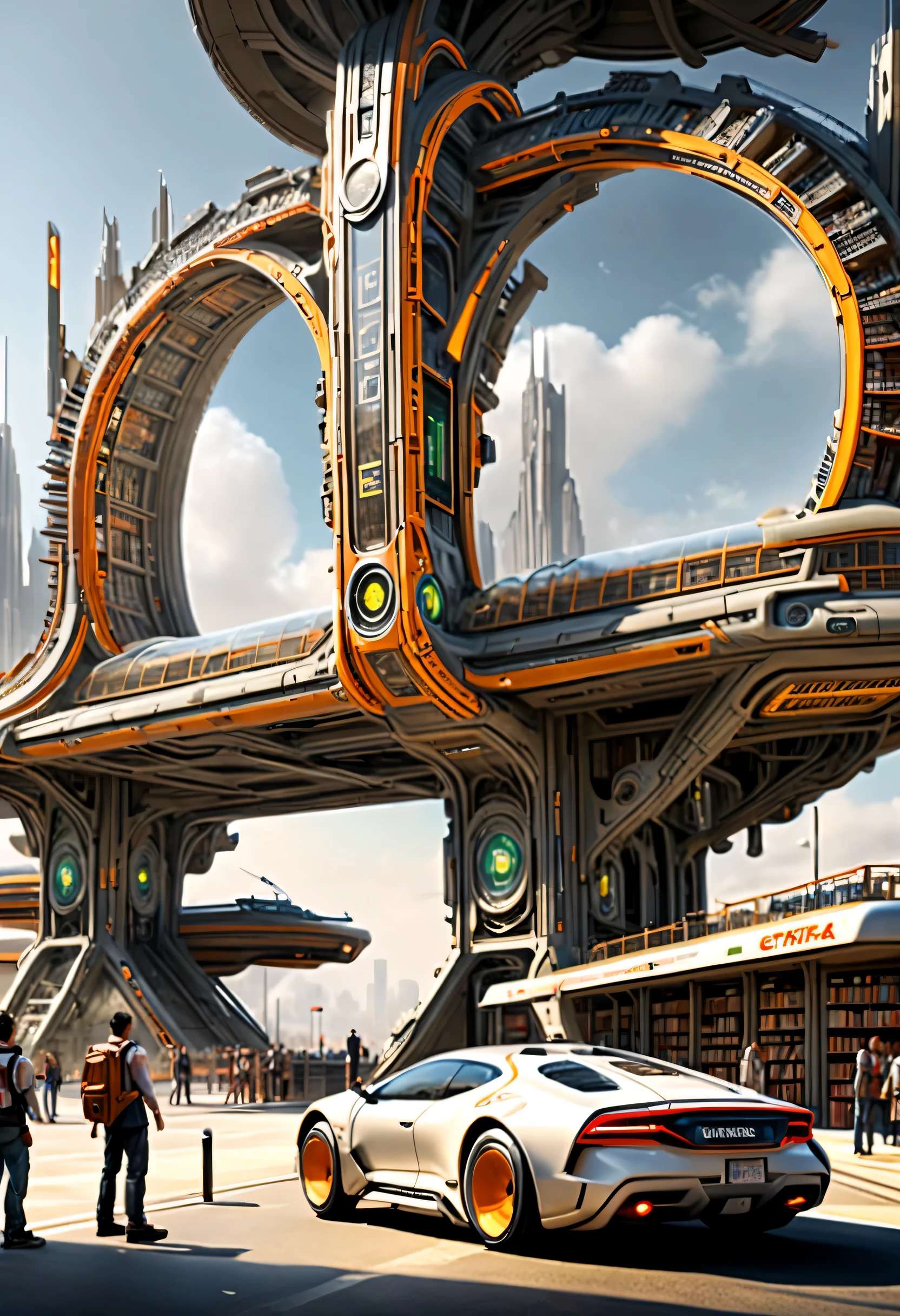 station, 图书馆式station, Tons of books, Stop signs, people waiting for bus, future car, sense of technology, cyberpunk, future, Science fiction,,Real Estate,long term exposure,high dynamic range,minimalist,philippe starck,