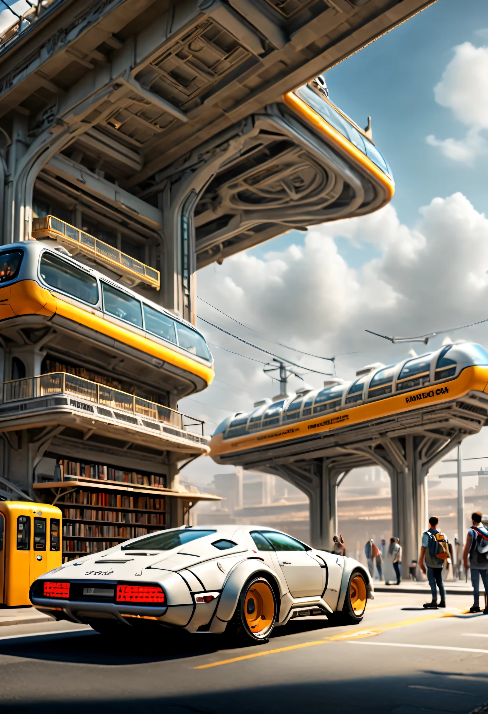 station, 图书馆式station, Tons of books, Stop signs, people waiting for bus, future car, sense of technology, cyberpunk, future, Science fiction,,Real Estate,long term exposure,high dynamic range,minimalist,philippe starck,