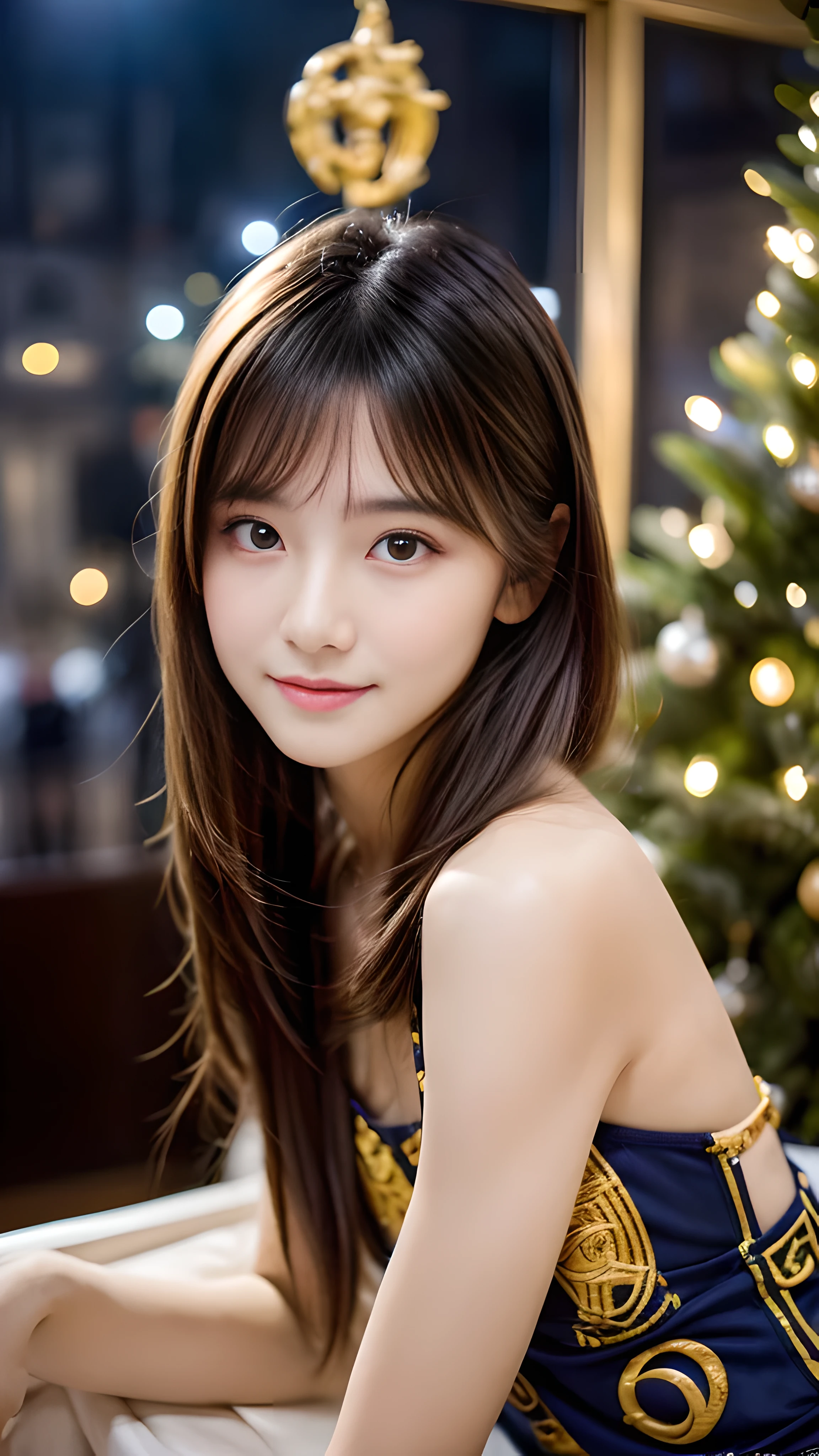 (masterpiece:1.3), (8k), (highest quality:1.4), (Hmm:1.2), (realistic:1.3),( RAW photo), (1 girl), (ultra high resolution), (detailed face), so perfect beautiful and cute face, (thin hair), beautiful hair, bangs, (symmetrical eyes:1.3), (fine eyes), (fine skin), realistic skin, shiny skin, ultra high resolution, (medium breasts:0.7), (slim body shape), (super model figures), gentle smile:1.2, (A very beautiful and cute young Japanese girl with a gentle expression), 

(Wearing random styles of clothing that incorporate high fashion trends:1.5, sexy party dress, Inspired by Versace:1.3), 
Christmas tree, In the illuminated party room, (cowboy_shot)