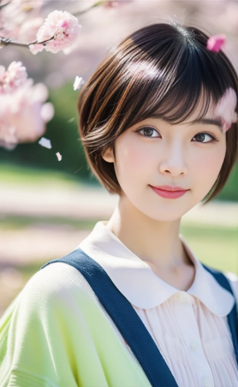 Cute Japanese woman with a short cut walking in the park feeling the flower petals in the spring breeze、confetti、Photoreal、detailed and beautiful eyes、hyper realism、high contrast、ultra hd、realistic skin texture、best image quality、highest quality、超A high resolution、small details、very politely