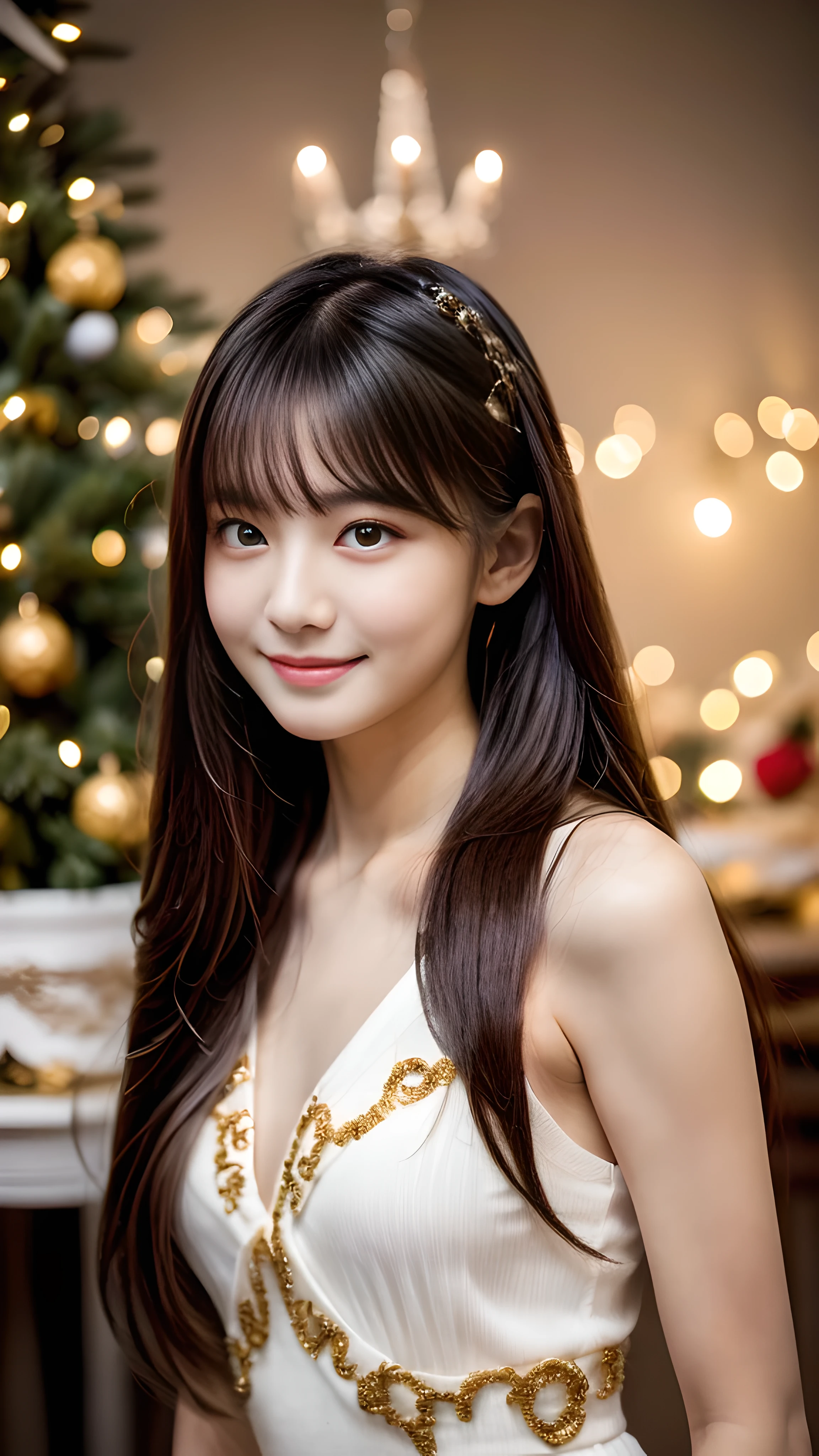 (masterpiece:1.3), (8k), (highest quality:1.4), (Hmm:1.2), (realistic:1.3),( RAW photo), (1 girl), (ultra high resolution), (detailed face), so perfect beautiful and cute face, (thin hair), beautiful hair, bangs, (symmetrical eyes:1.3), (fine eyes), (fine skin), realistic skin, shiny skin, ultra high resolution, (medium breasts:0.7), (slim body shape), (super model figures), gentle smile:1.2, (A very beautiful and cute young Japanese girl with a gentle expression), 

(Wearing random styles of clothing that incorporate high fashion trends:1.5, sexy party dress, Inspired by Versace:1.3), 
Christmas tree, In the illuminated party room, (cowboy_shot)