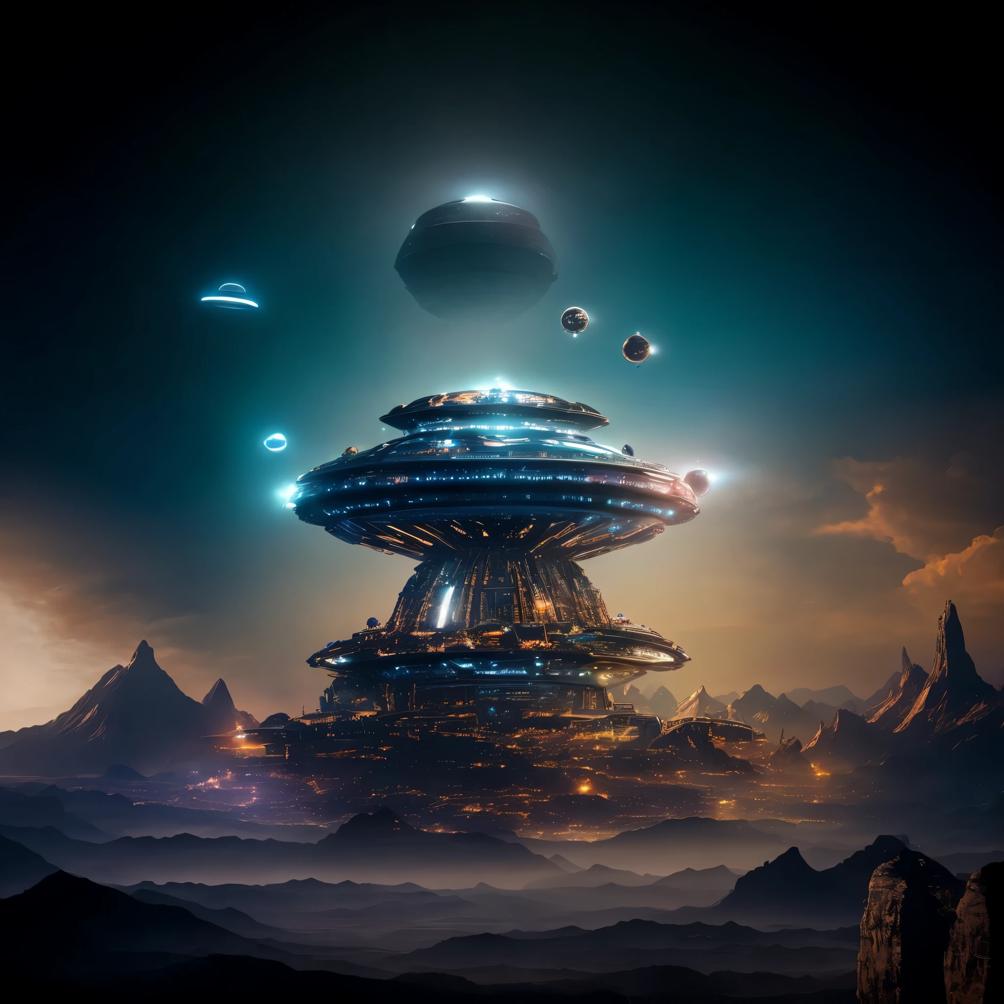 Spaceship flying over mountains with planets in the background, エイリアンのmother ship, エイリアンのmother ship in the sky, alien spaceship, alien spaceship, alien structure, Alien Spaceship, mother ship, 天空のmother ship, alien spaceship in the sky, Alien Buildings, UFO Propulsion System, utopian spaceship, Depicted as a science fiction scene, foreign city