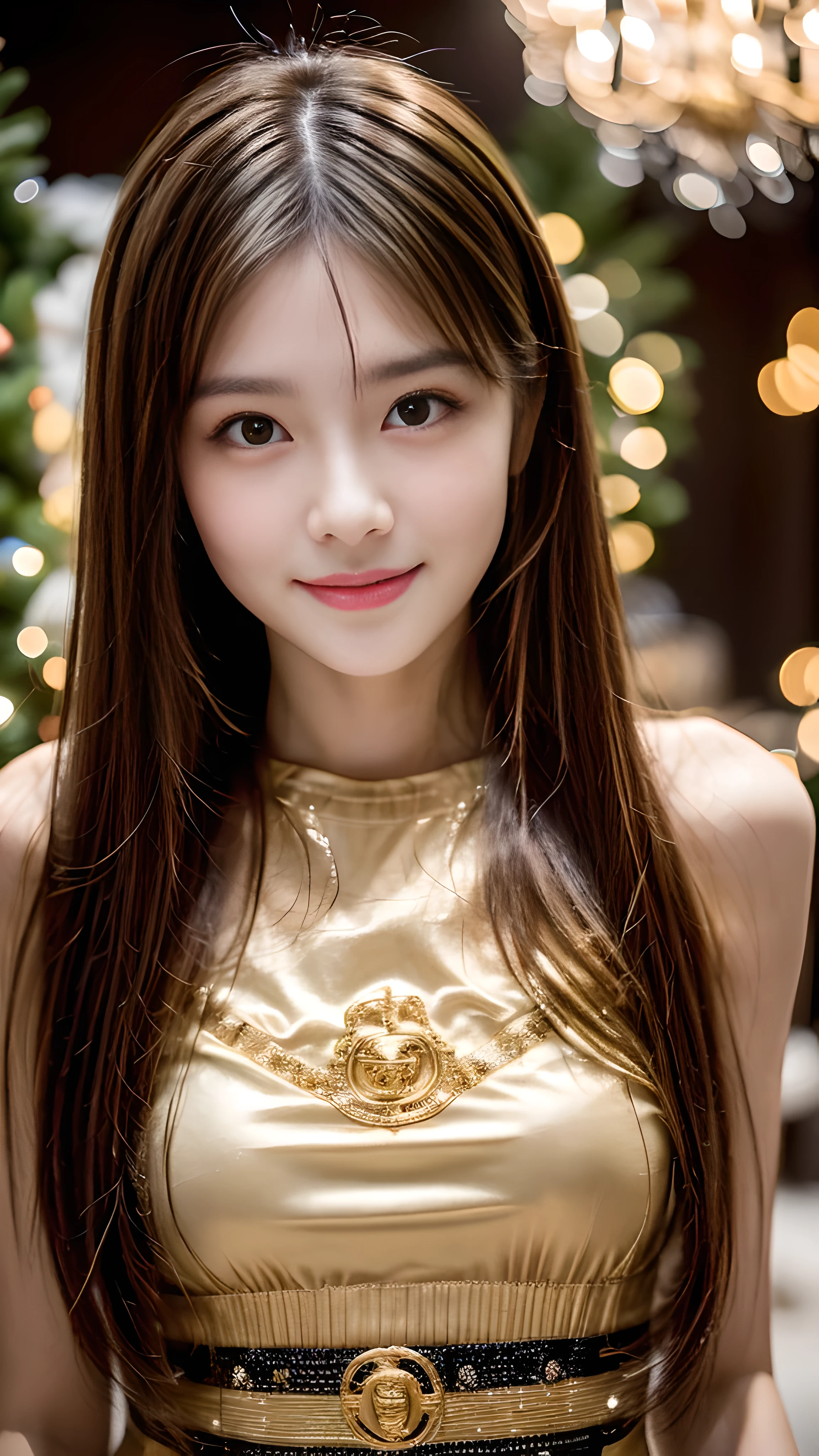 (masterpiece:1.3), (8k), (highest quality:1.4), (Hmm:1.2), (realistic:1.3),( RAW photo), (1 girl), (ultra high resolution), (detailed face), so perfect beautiful and cute face, (thin hair), beautiful hair, bangs, (symmetrical eyes:1.3), (fine eyes), (fine skin), realistic skin, shiny skin, ultra high resolution, (medium breasts:0.7), (slim body shape), (super model figures), gentle smile:1.2, (A very beautiful and cute young Japanese girl with a gentle expression),
(Wearing random styles of clothing that incorporate high fashion trends:1.5, sexy party dress, Inspired by Versace:1.3),
Christmas tree, In the illuminated party room, (cowboy_shot)