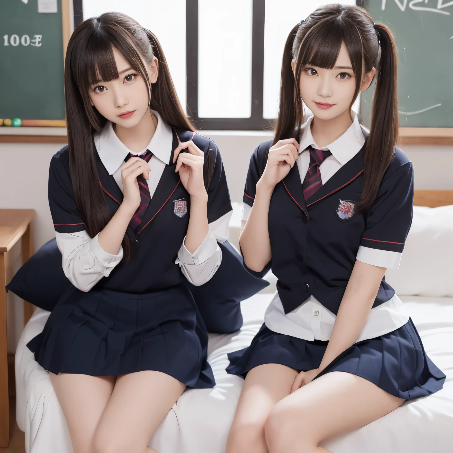 NSFW,((couple,skirt lift,panty shot)),table top, highest quality, (beautiful girl:1.3), (16 years old:1.2), extremely fine-grained clarity, (symmetrical eyes:1.3), ((NSFW)), (school uniform, cute skirt:1.3), beautiful breasts, brown eyes, parted bangs, brown hair, upper teeth,twin tail hairstyle,2 girls,
