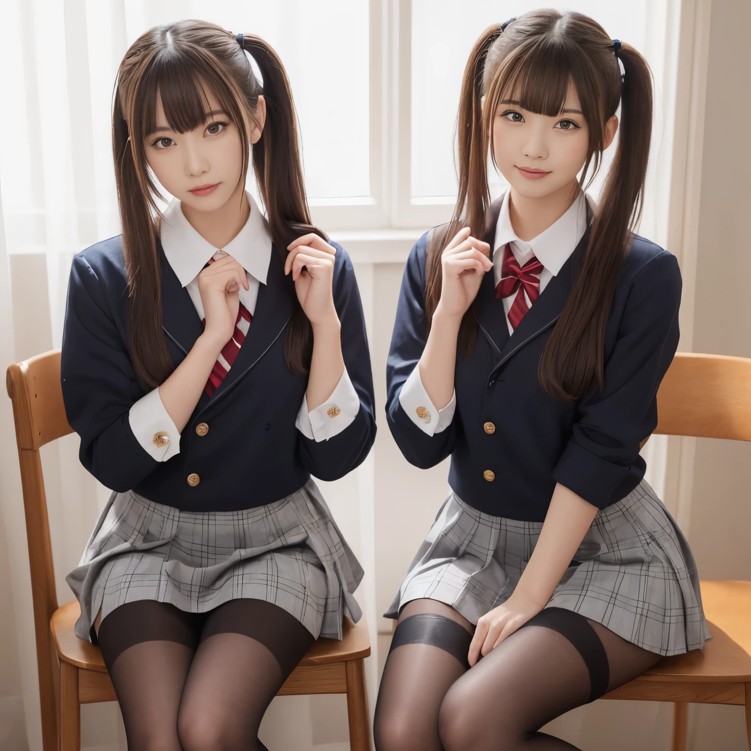 NSFW,((couple,skirt lift,panty shot)),table top, highest quality,  (beautiful girl:1.3), (16 years old:1.2), extremely fine-grained clarity, (symmetrical eyes:1.3), ((NSFW)), (school uniform,  cute skirt:1.3), beautiful breasts, brown eyes, parted bangs, brown hair, upper teeth,twin tail hairstyle,2 girls,