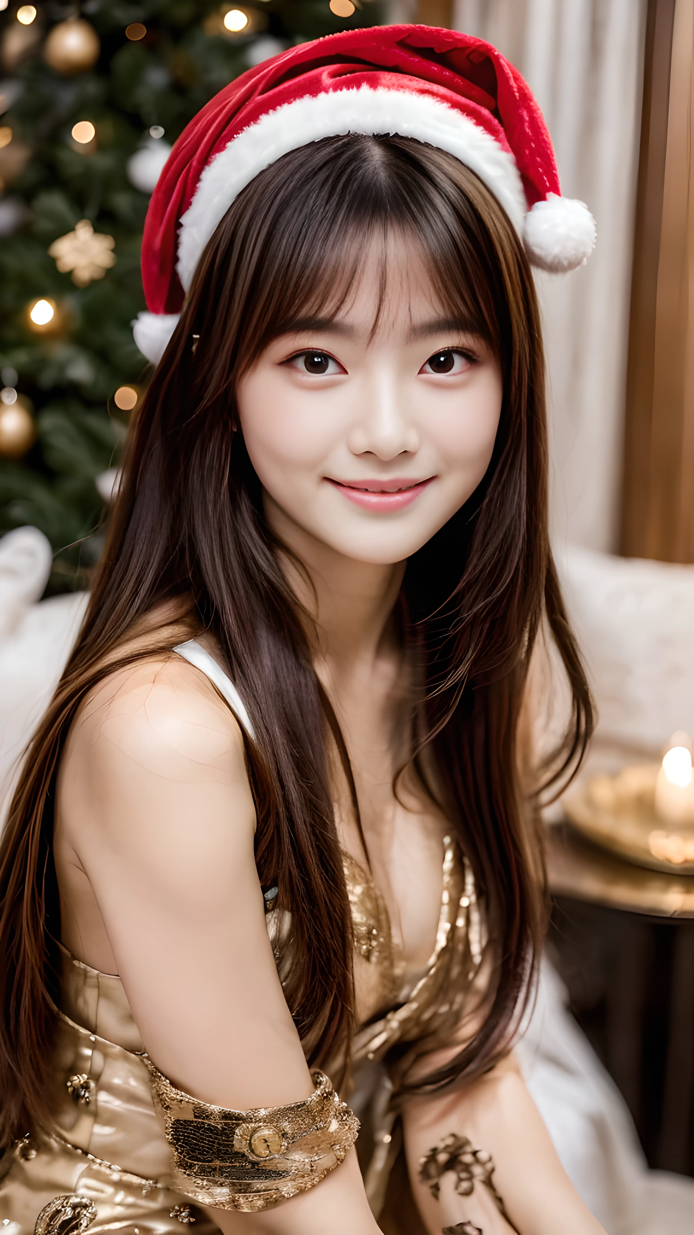 (masterpiece:1.3), (8k), (highest quality:1.4), (Hmm:1.2), (realistic:1.3),( RAW photo), (1 girl), (ultra high resolution), (detailed face), so perfect beautiful and cute face, (thin hair), beautiful hair, bangs, (symmetrical eyes:1.3), (fine eyes), (fine skin), realistic skin, shiny skin, ultra high resolution, (medium breasts:0.7), (slim body shape), (super model figures), gentle smile:1.2, (A very beautiful and cute young Japanese girl with a gentle expression), 

(Wearing random styles of clothing that incorporate high fashion trends:1.5, sexy party dress, Inspired by Versace:1.3), 
Christmas tree, In the illuminated party room, (cowboy_shot)