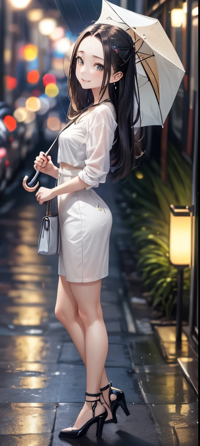masterpiece、((focus on the face))、(full body shot、Full body photo including face)、((Symmetrical facial features))、Eyes of minute description、Beautiful woman、outstanding style、slender body、(small ass、thin thighs)、(smiling shyly、Watery eye)、shirt、long skirt、pantyhose、(high heels、anklets of the same color)、Photo showing the whole body、one handbag in one hand、head to toe photo、Detailed depiction of faces、small earrings、necklace、((night、it's raining、The footpath of Bamboo Forest Park is lit up))、super low angle、The subject is far away、shallow depth of field、wide angle focal length、Blue-silver hair color、Lustrous hair、Her bangs are swept to the side and her forehead is visible.、holding an umbrella