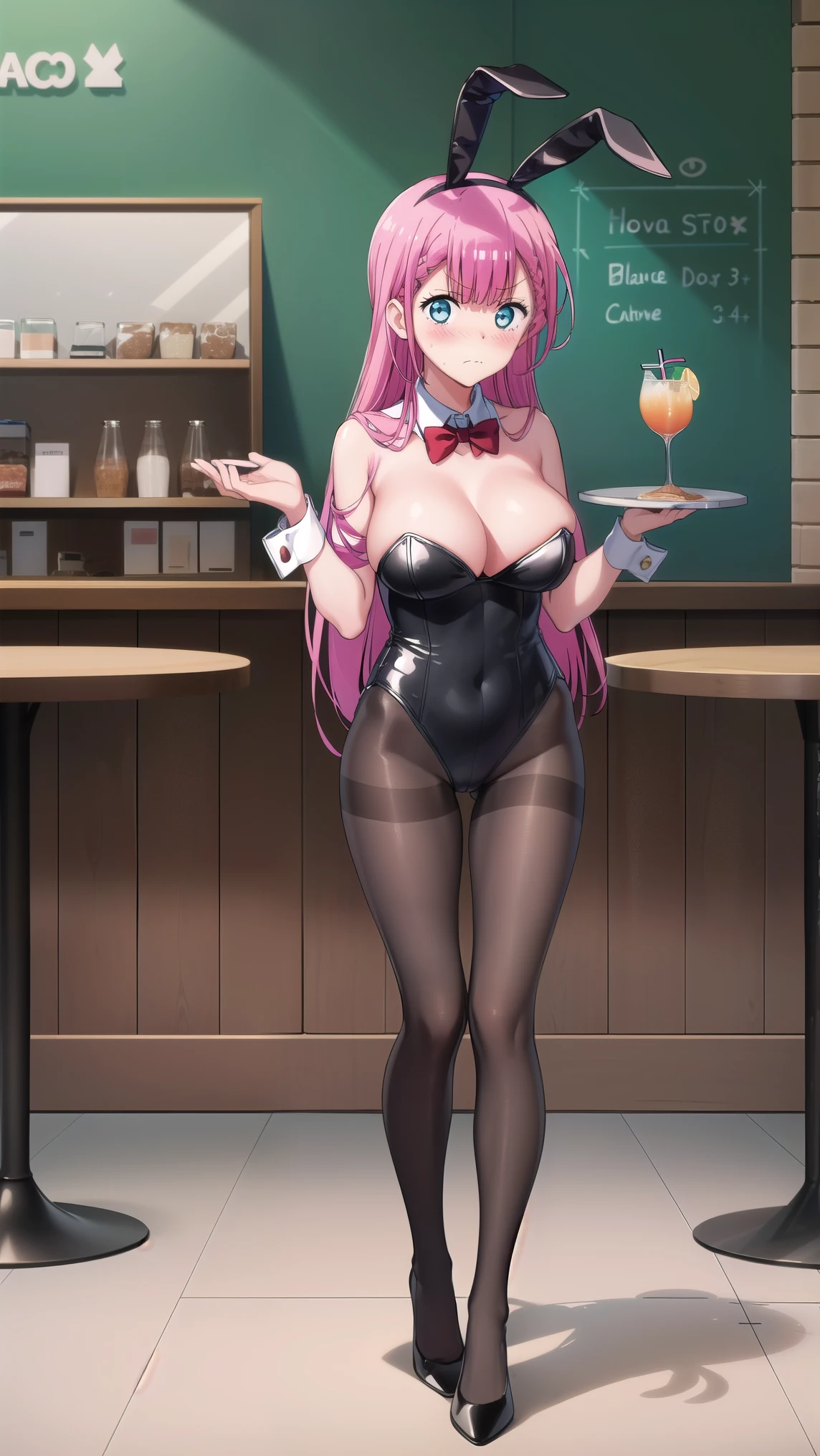 masterpiece, best quality, 1girl, solo, kirisu mafuyu, looking at viewer, annoyed, closed mouth, blush, embarrassed, large breasts, playboy bunny, rabbit ears, black pantyhose, red bowtie, wrist cuffs, black leotard, holding tray, foods, drinks, standing, cafe shop, restaurant, full body,