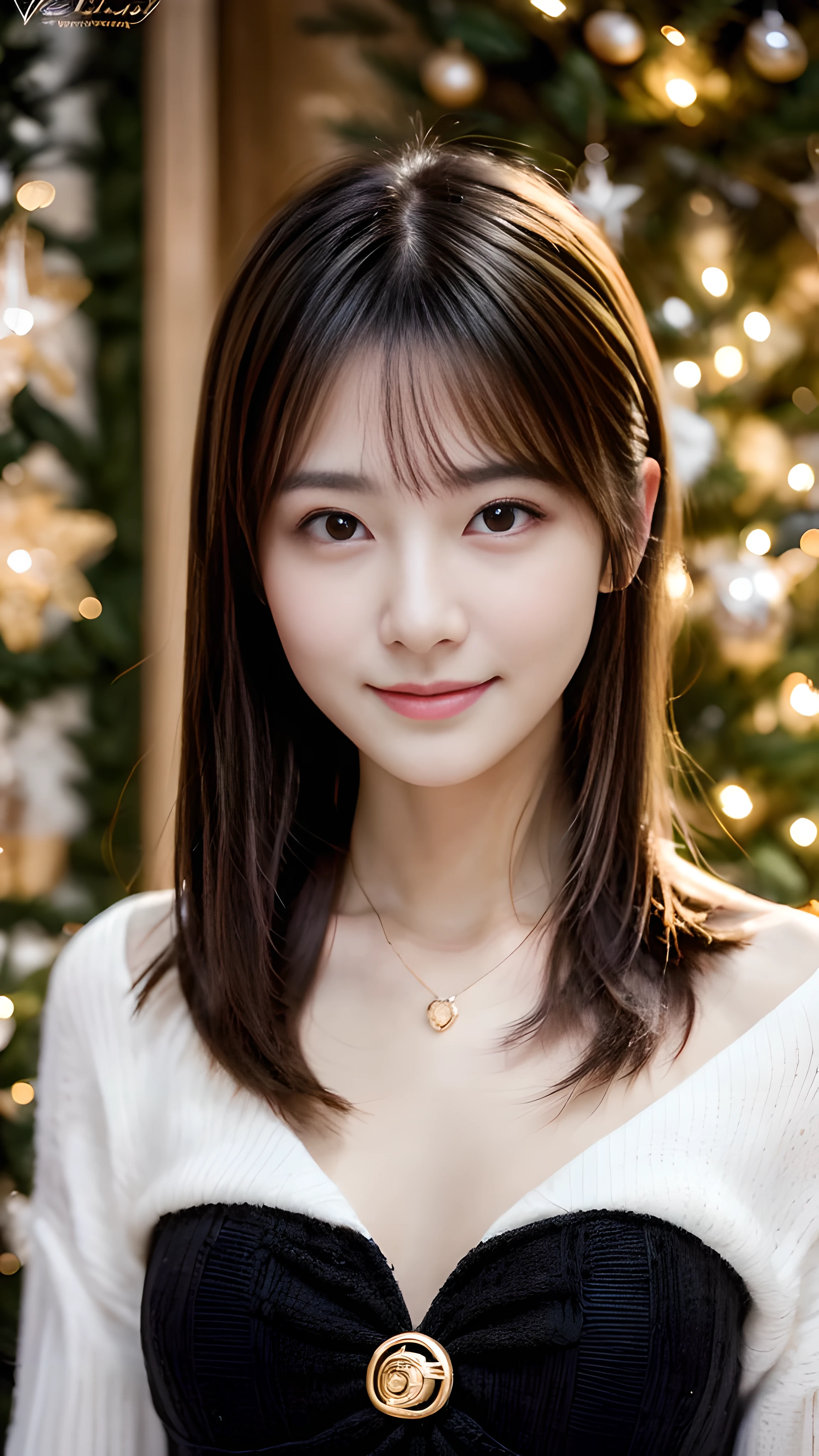 (masterpiece:1.3), (8k), (highest quality:1.4), (Hmm:1.2), (realistic:1.3),( RAW photo), (1 girl), (ultra high resolution), (detailed face), so perfect beautiful and cute face, (thin hair), beautiful hair, bangs, (symmetrical eyes:1.3), (fine eyes), (fine skin), realistic skin, shiny skin, ultra high resolution, (medium breasts:0.7), (slim body shape), (super model figures), gentle smile:1.2, (A very beautiful and cute young Japanese girl with a gentle expression),
(Wearing random styles of clothing that incorporate high fashion trends:1.5, sexy party dress, Inspired by Versace:1.3),
Christmas tree, In the illuminated party room, (cowboy_shot)