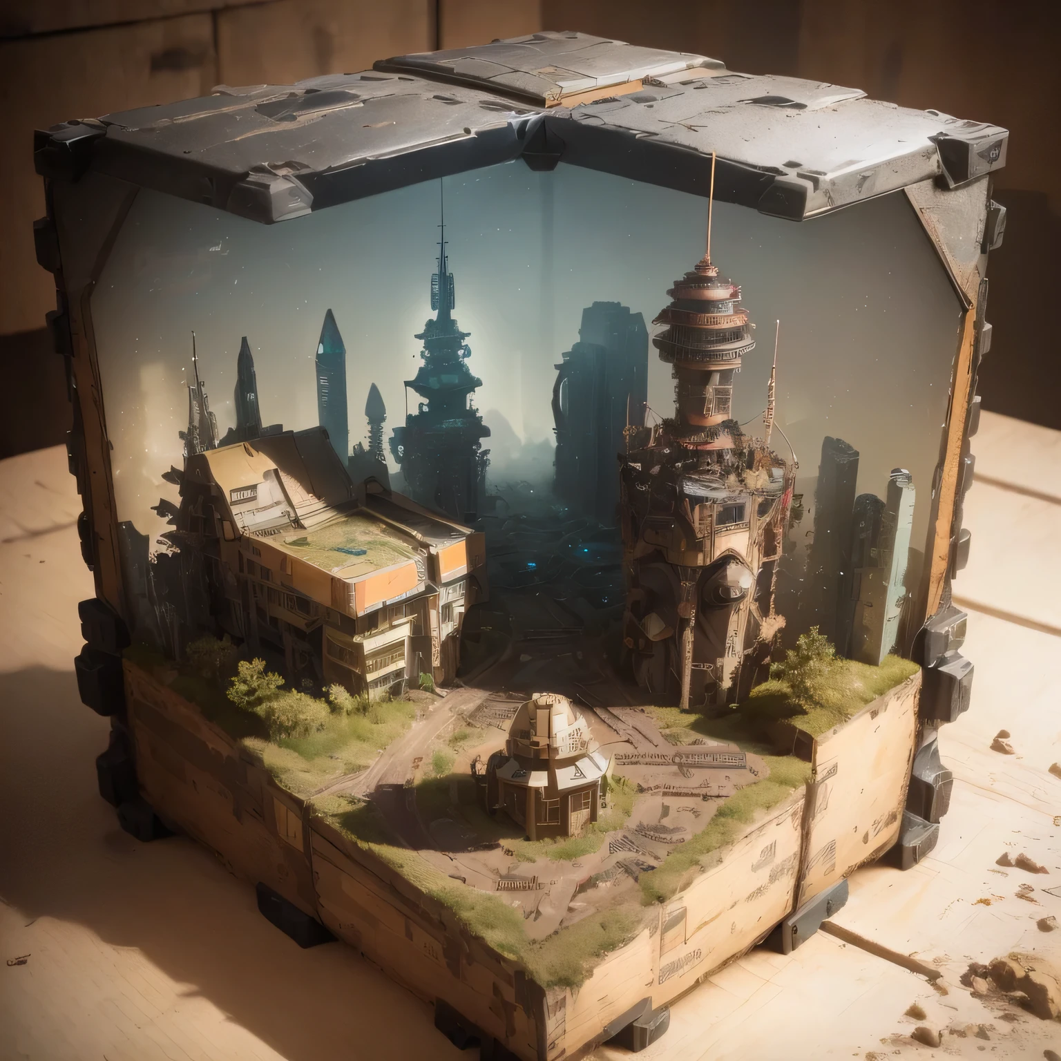 3598年Mars realistic model, (split ends, original photo, best quality, masterpiece:1.4),Steampunk Cyberpunk 6820 City,(CyberpunkMars light:1.3), Mars (related to land),(in a small nature box:1.3),Isometric, small nature, landscape on foundation,landscape,