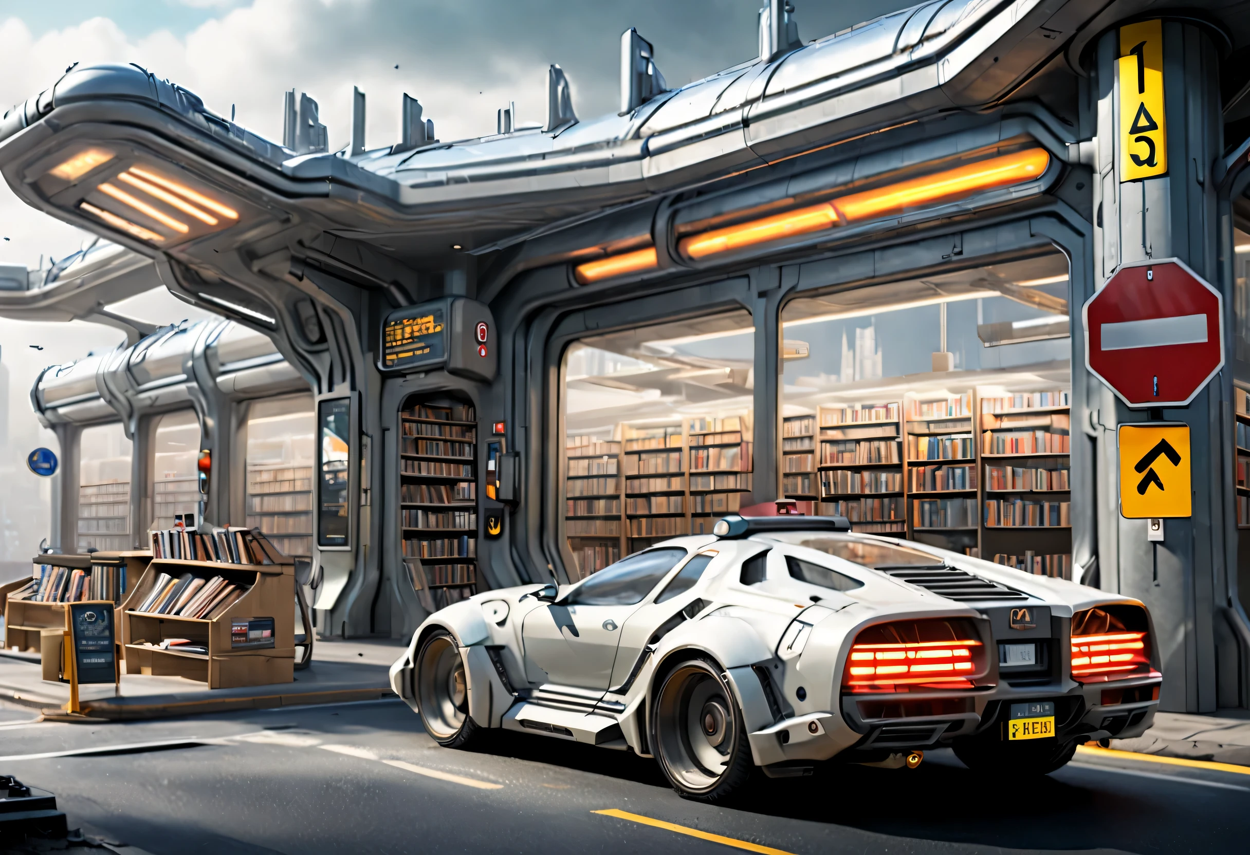 station, 图书馆式station, Tons of books, Stop signs, people waiting for bus, future car, sense of technology, cyberpunk, future, Science fiction,,Real Estate,long term exposure,high dynamic range,minimalist,philippe starck,