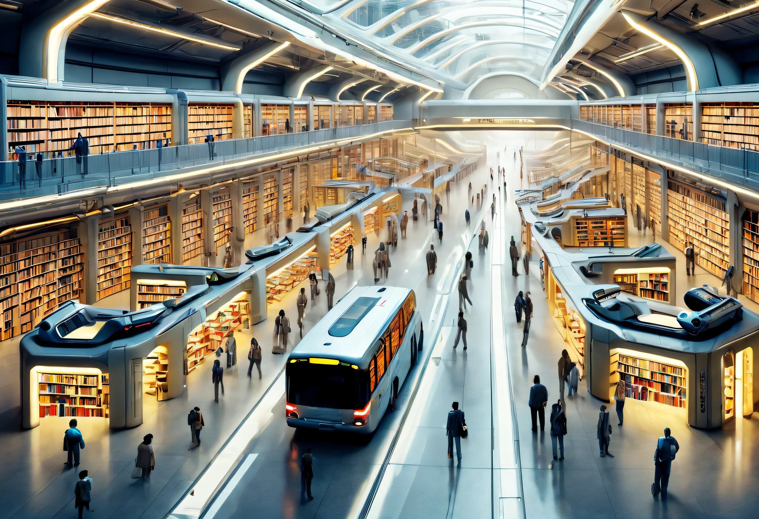 station, 图书馆式station, Tons of books, Stop signs, people waiting for bus, future car, sense of technology, cyberpunk, future, Science fiction,,Real Estate,long term exposure,high dynamic range,minimalist,philippe starck,sharp focus，
