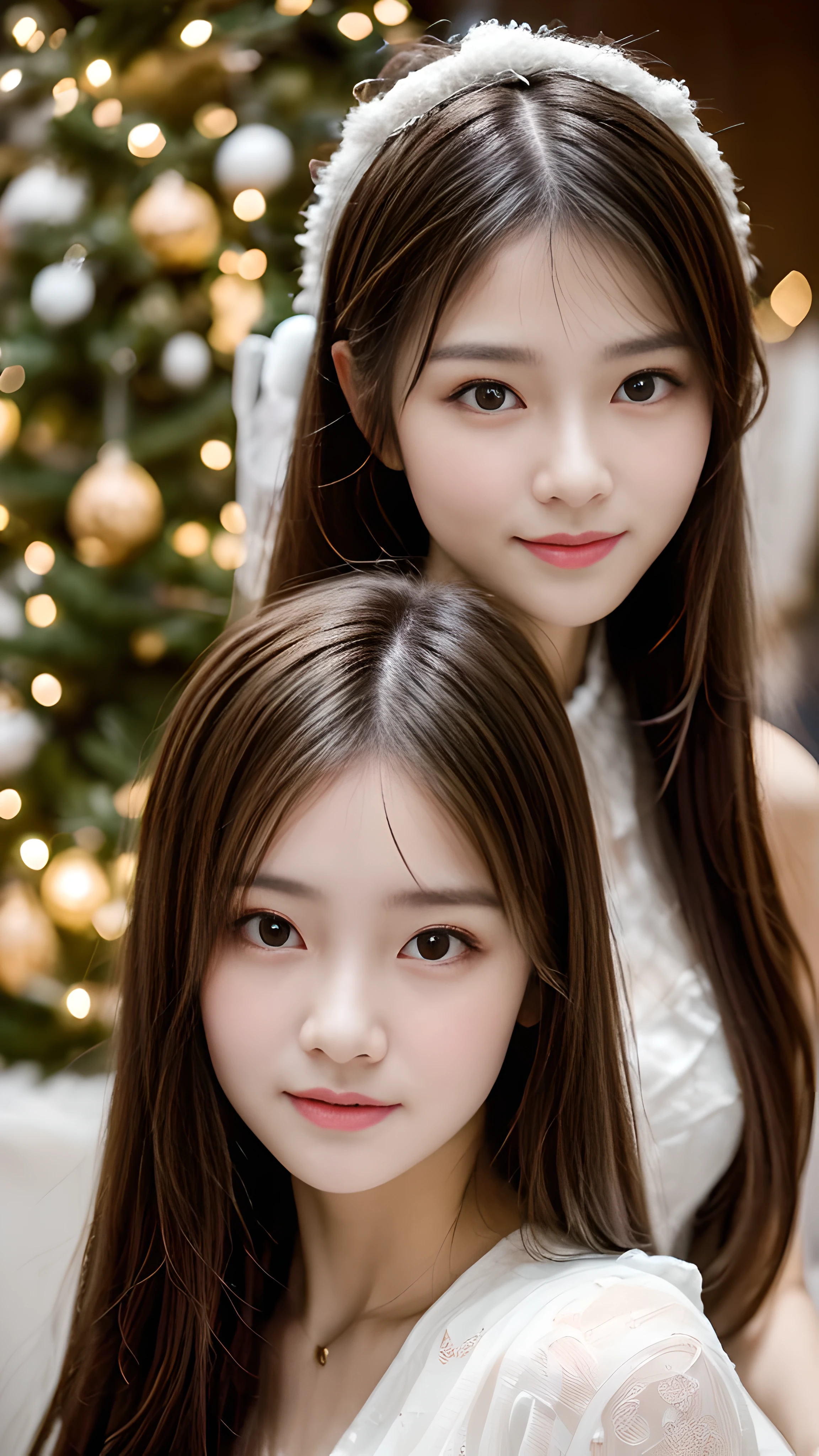 (masterpiece:1.3), (8k), (highest quality:1.4), (Hmm:1.2), (realistic:1.3),( RAW photo), (1 girl), (ultra high resolution), (detailed face), so perfect beautiful and cute face, (thin hair), beautiful hair, bangs, (symmetrical eyes:1.3), (fine eyes), (fine skin), realistic skin, shiny skin, ultra high resolution, (medium breasts:0.7), (slim body shape), (super model figures), gentle smile:1.2, (A very beautiful and cute young Japanese girl with a gentle expression), camera'the focus is completely on the face,
(Wearing random styles of clothing that incorporate high fashion trends:1.5, see-through costume, sexy party dress, Inspired by Versace:1.3),
Christmas tree, In the illuminated party room, (cowboy_shot)